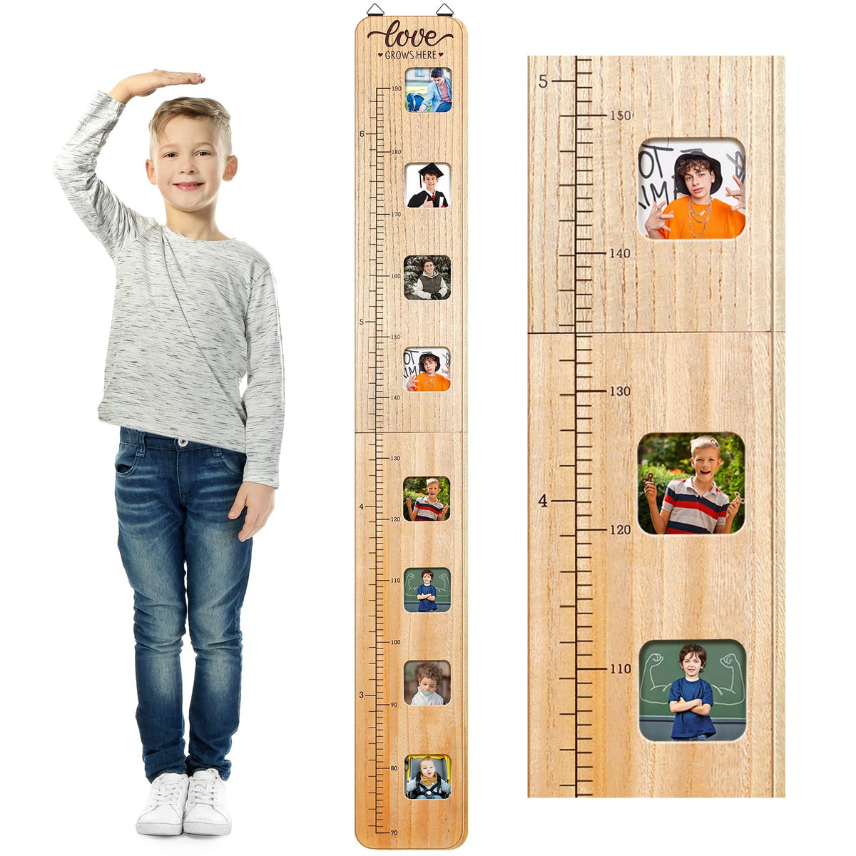 Chunful wooden growth chart on wall with photo frames records kids milestones.