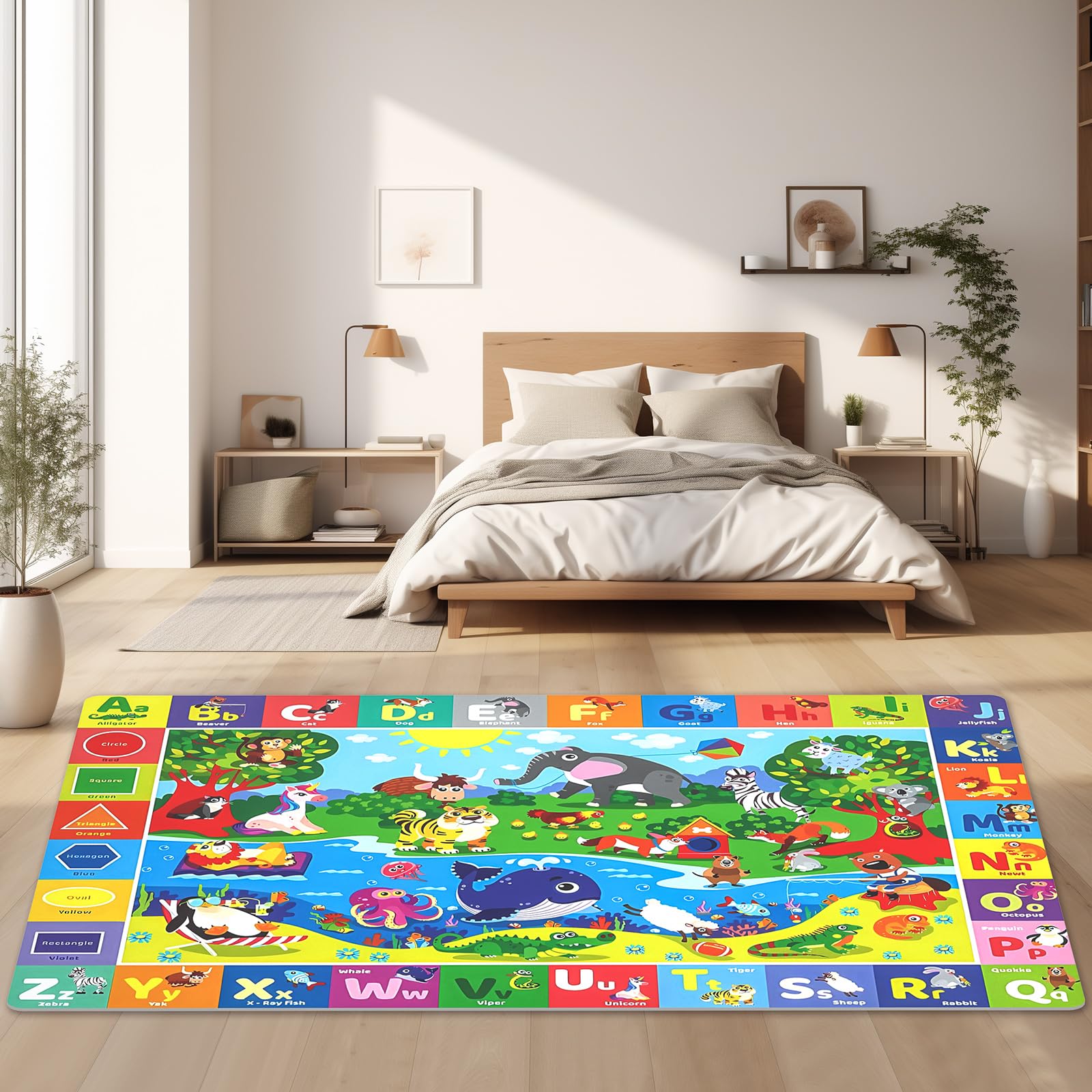 Chunsemeiju educational mat showcases letters, colors, and fruits to boost recognition.