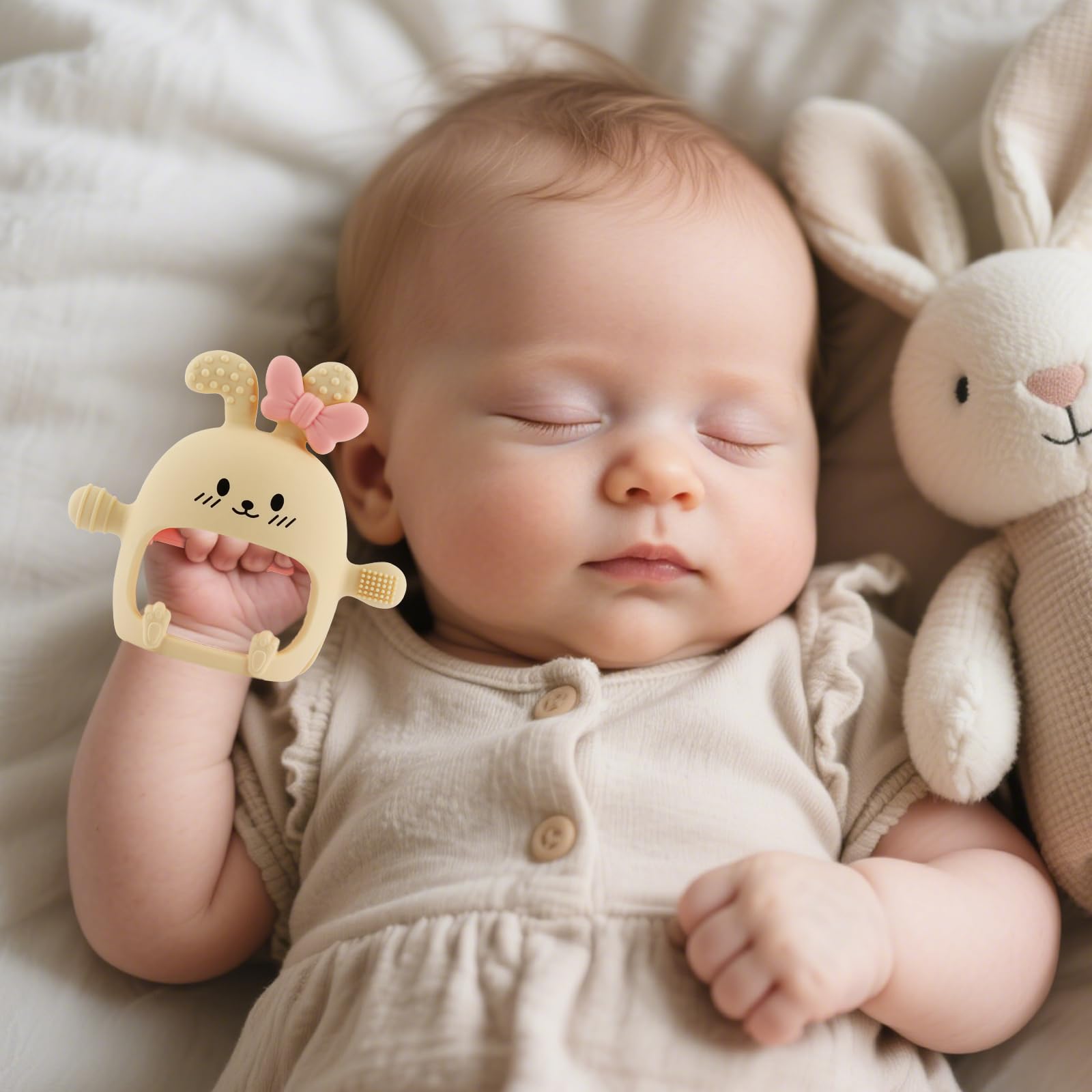 Chuya Bunny Teether Mittens vibrant colors attract babies for sensory exploration.