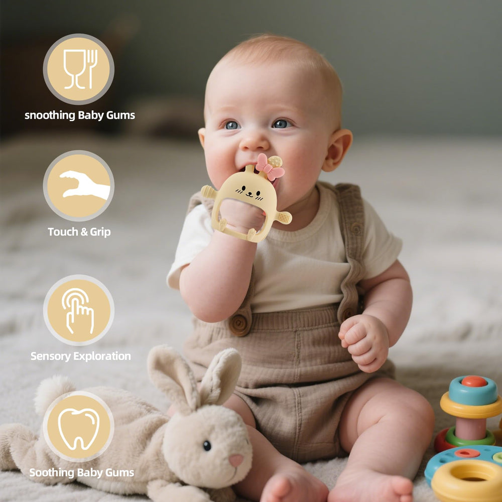 Chuya Bunny Teether Mittens in dishwasher-safe setup highlights simple cleaning.
