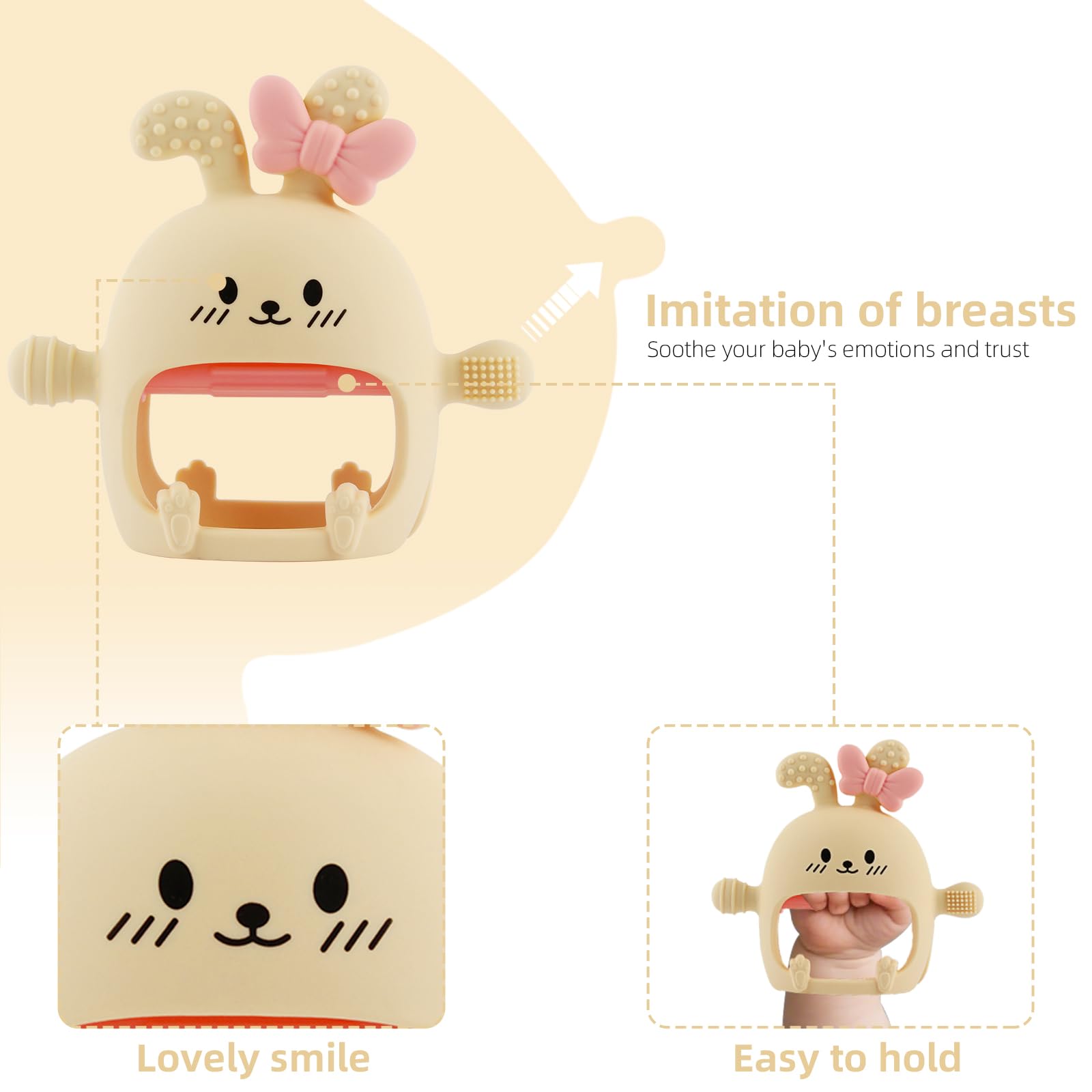 Chuya Bunny Teether Mittens on baby's hand demonstrates easy grip and play.