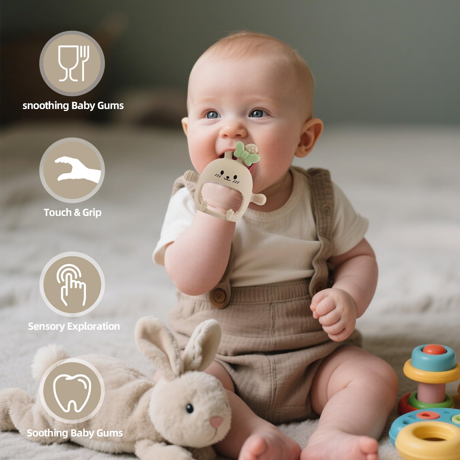 Chuya Bunny teether silicone is easy to clean and safe to chew.