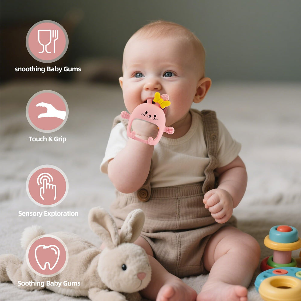 Chuya bunny teether in bright colors supports visual engagement and coordination.