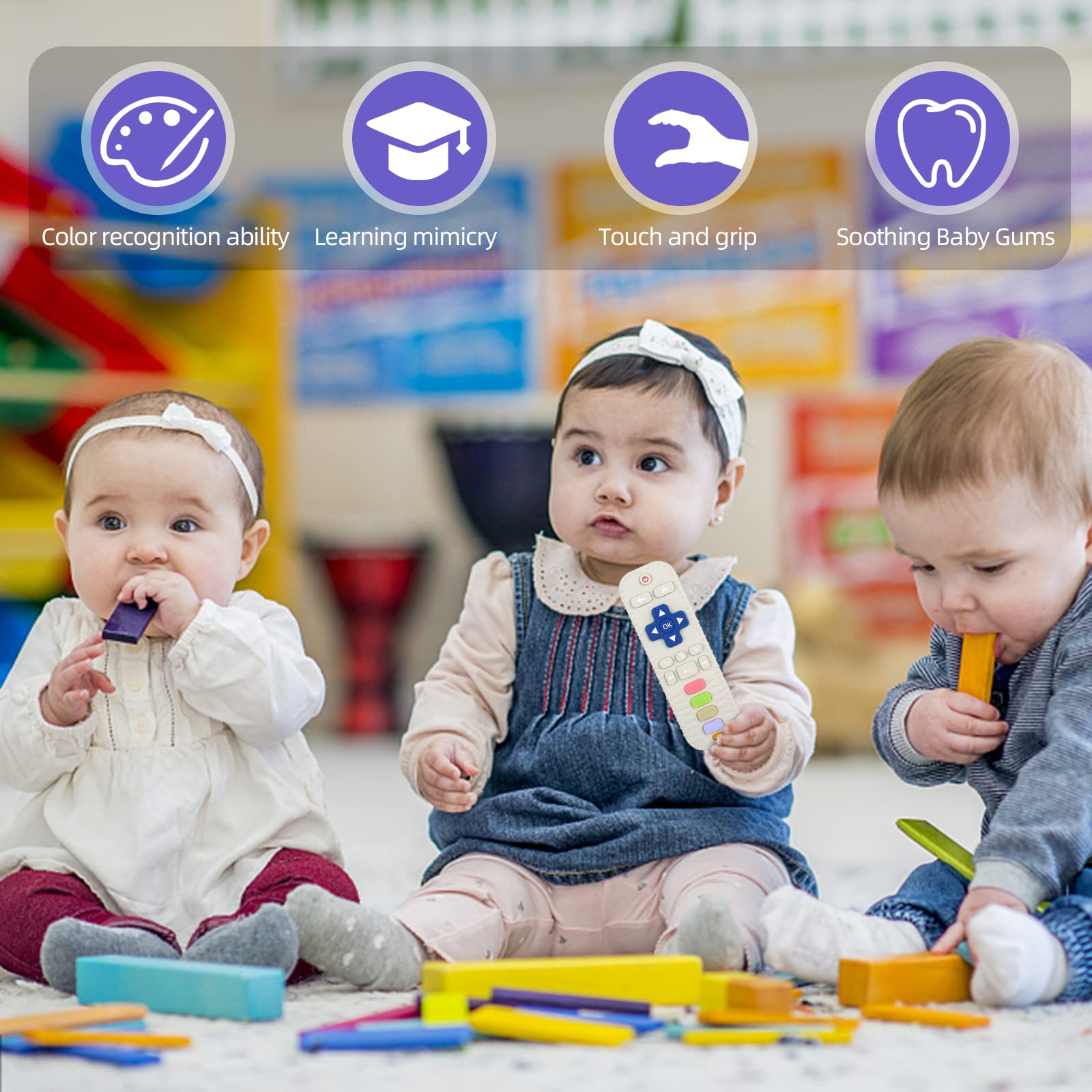 Chuya silicone teether remote for ages 3-24 months supports safe chewing.
