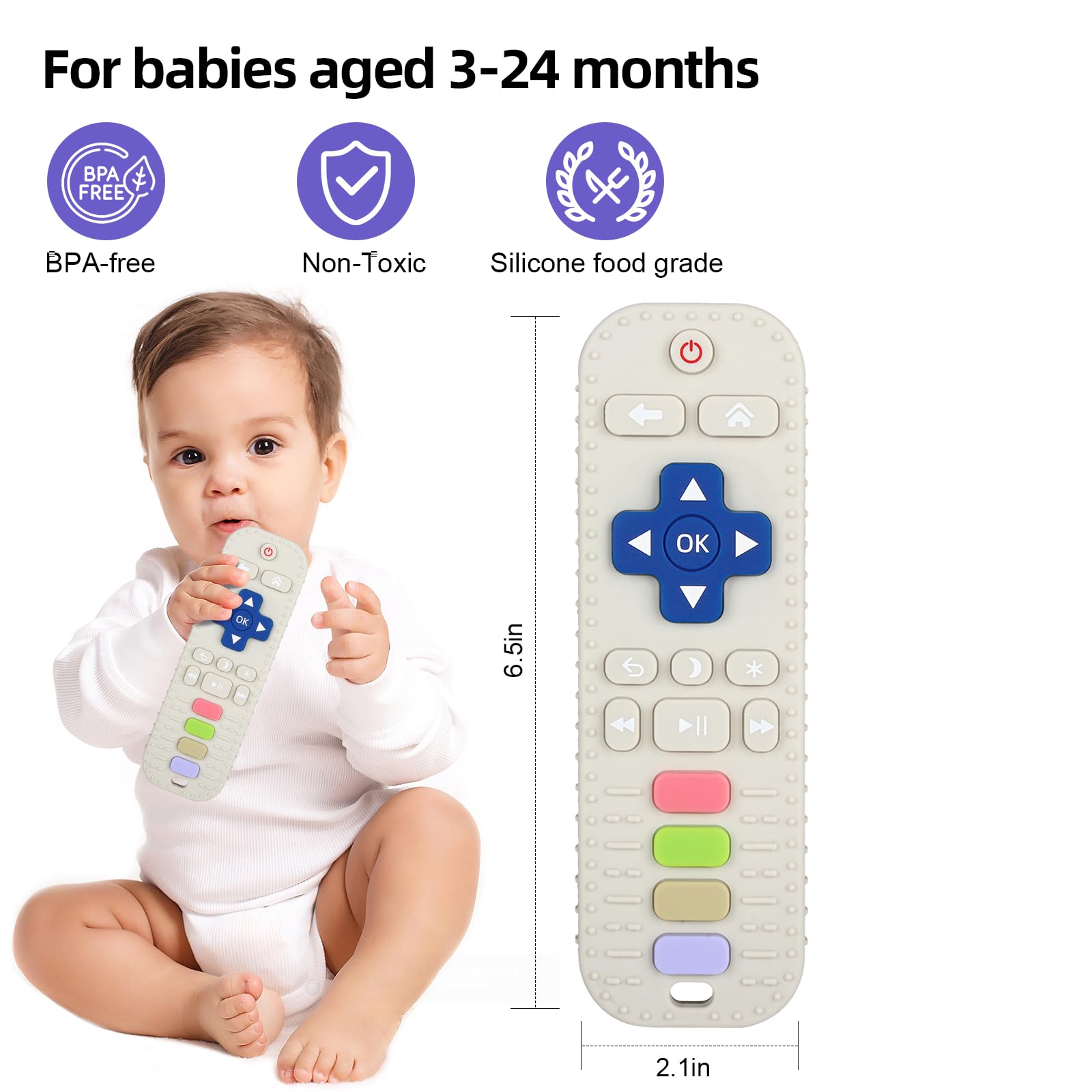 Chuya teether tv remote texture close-up highlights ridges for gum soothing.