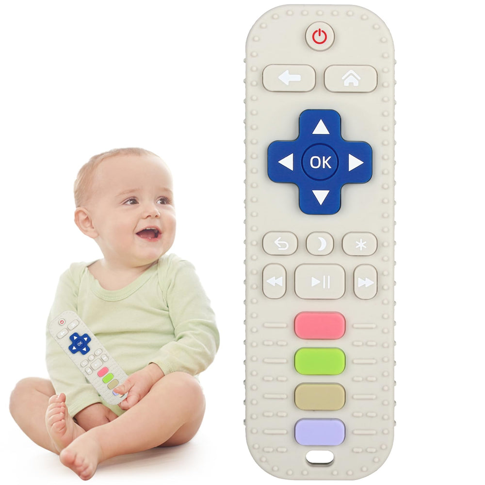 Chuya silicone baby teether tv remote close-up shows safe material and soothing chew.