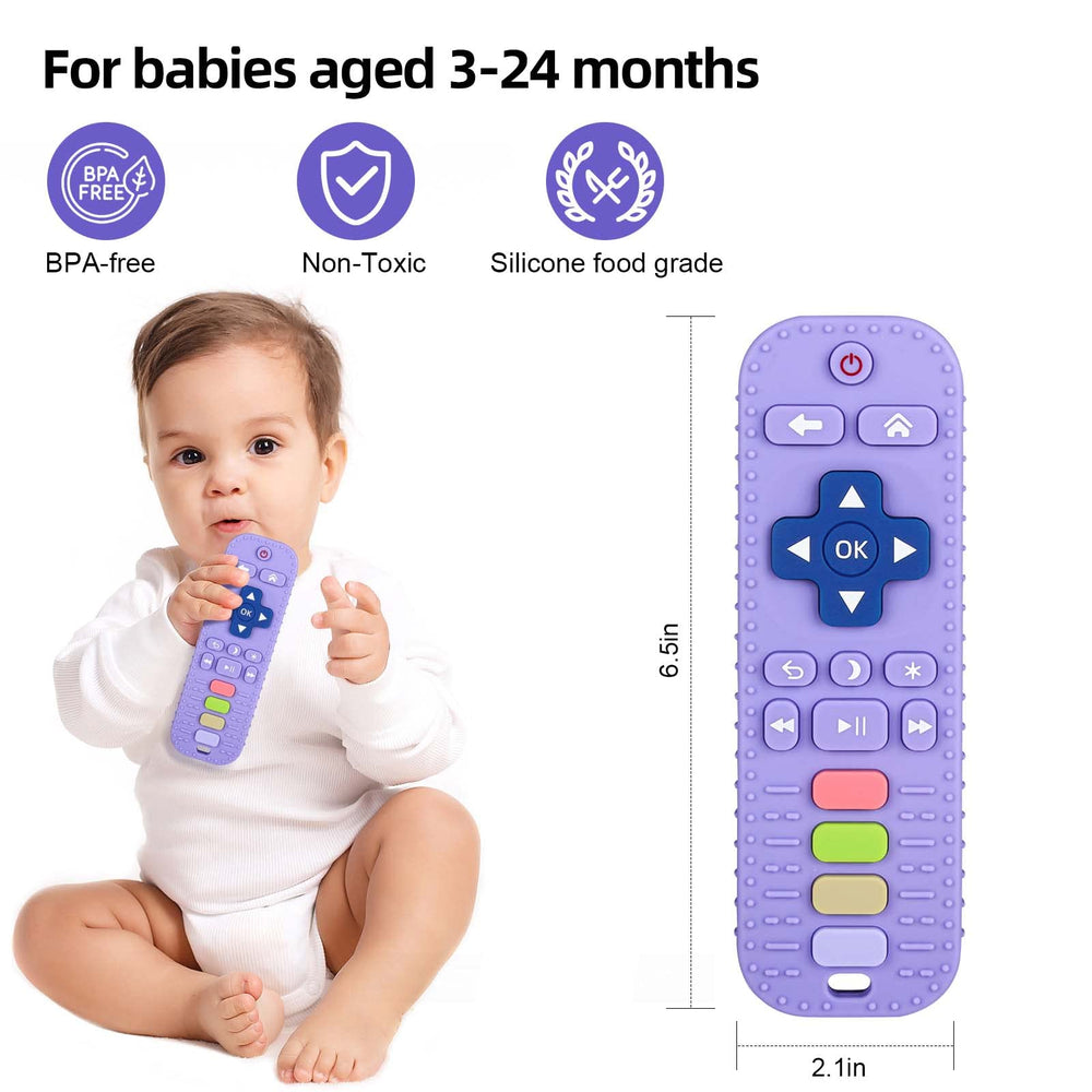 Chuya teether remote purple close-up highlighting safe silicone use.