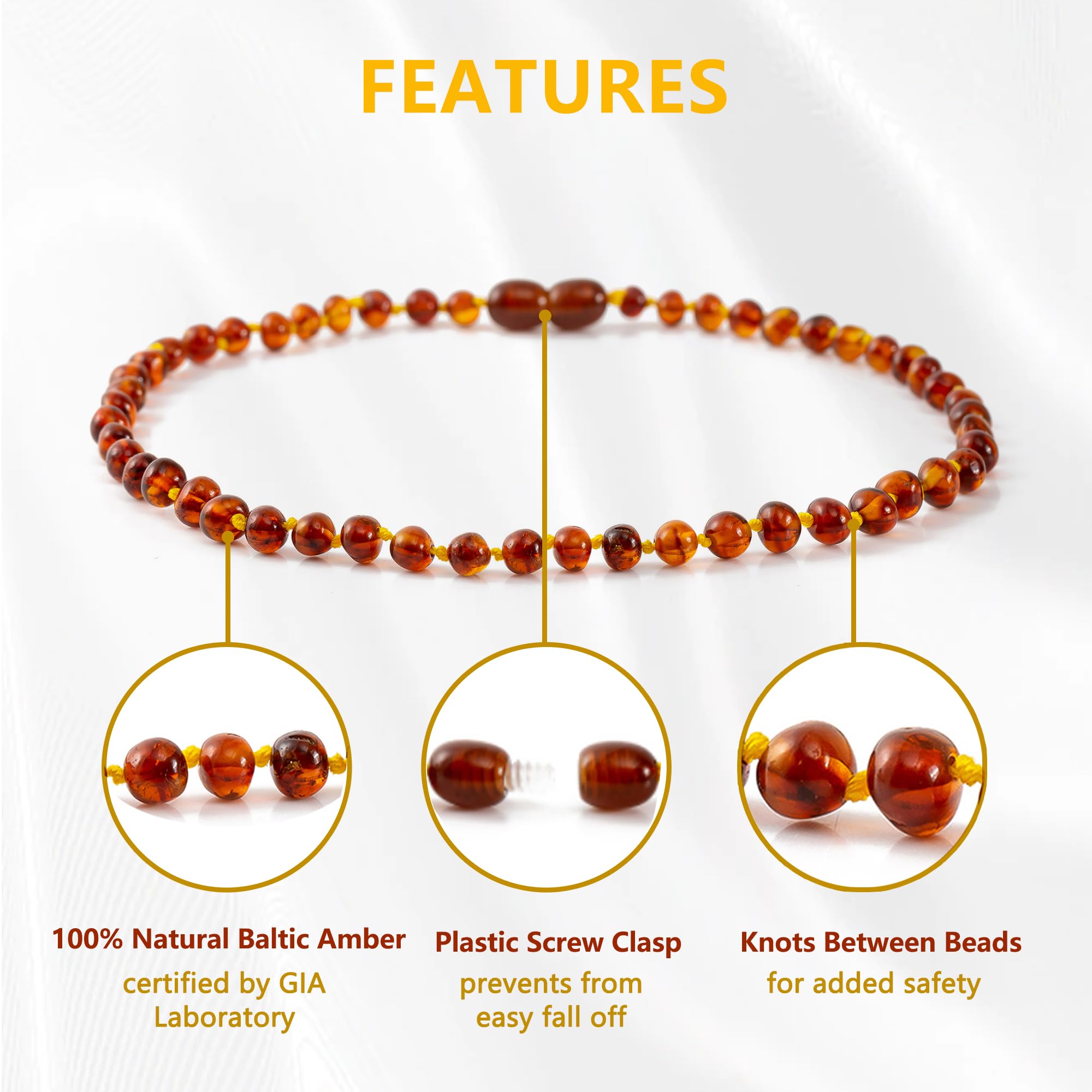 Cici's Story Baltic Amber Necklace cognac bead detail shows warm natural tones.