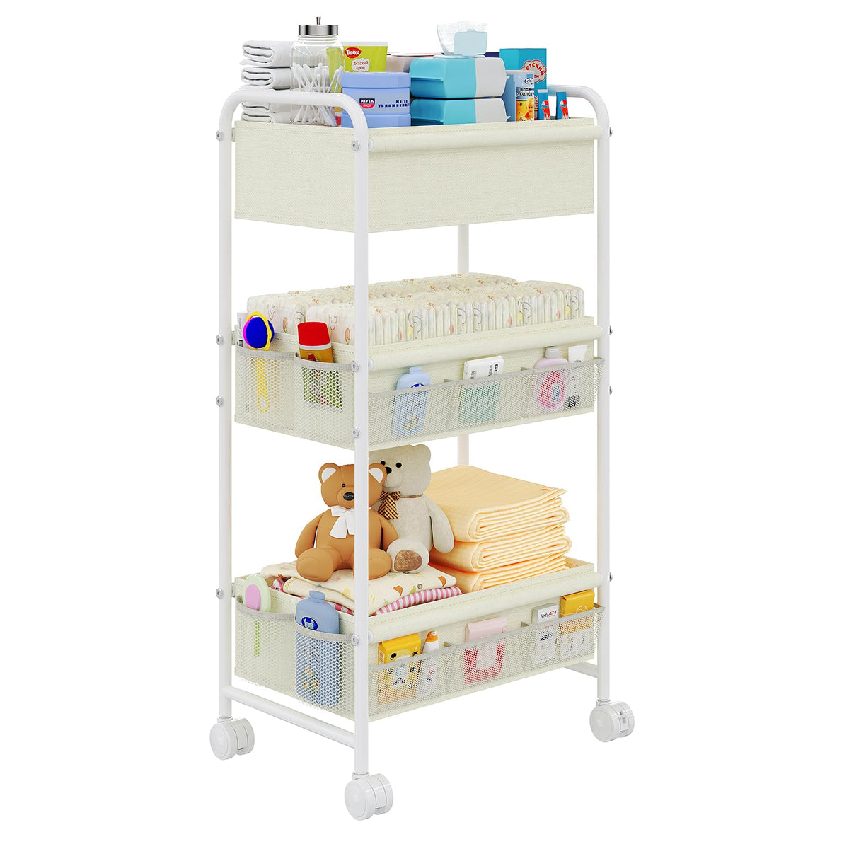 cidaziya 3-tier diaper caddy cart front view with wheels for quick access
