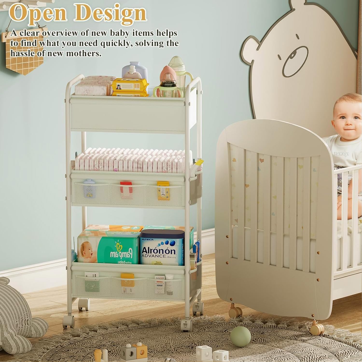 cidaziya diaper cart side view showing durable metal frame for storage