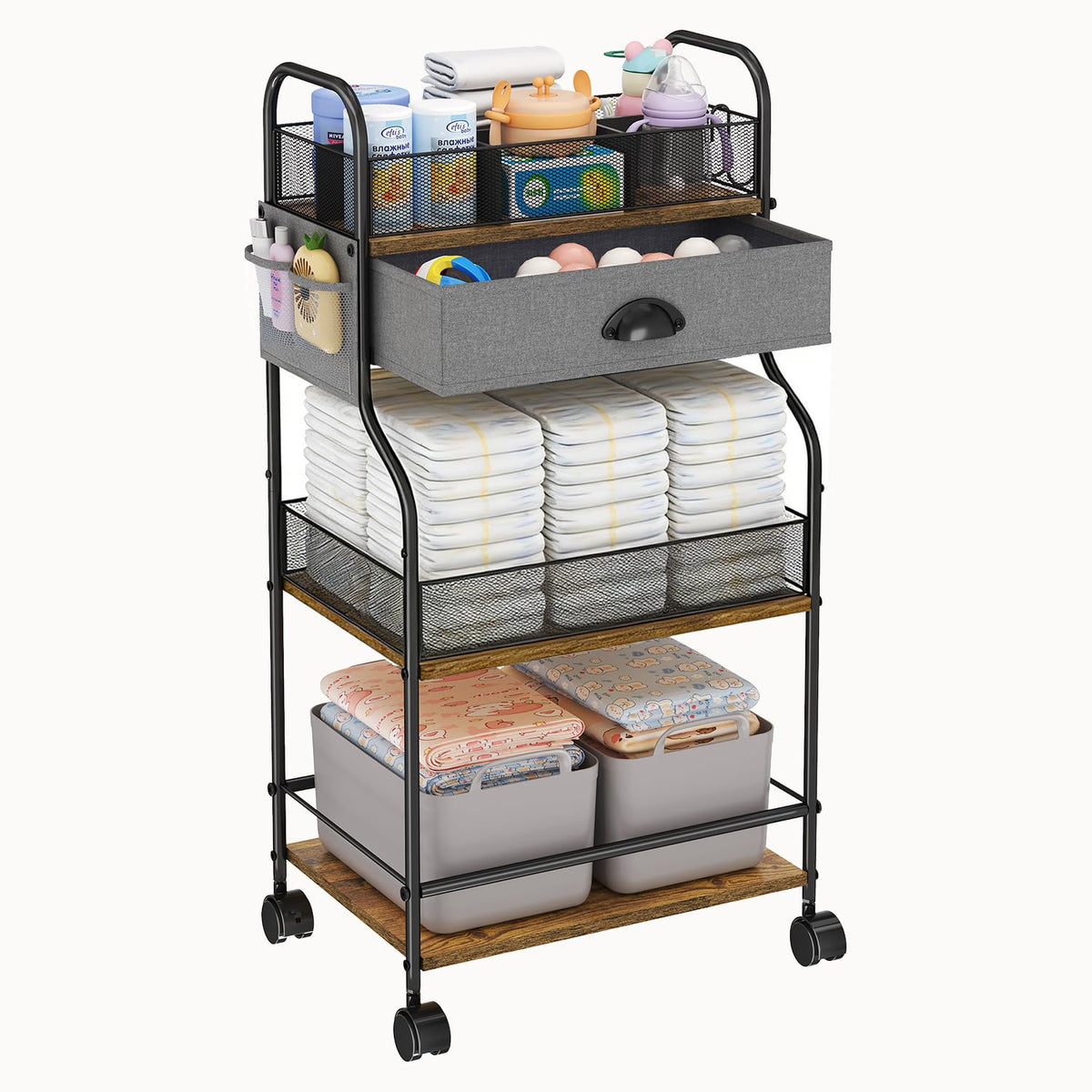 Cidaziya 3-tier diaper caddy top view with clearly organized compartments for quick access.