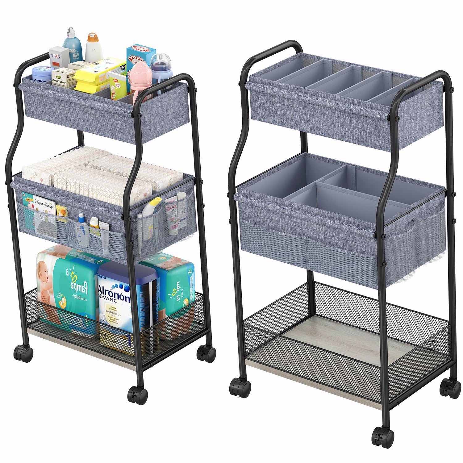 Cidaziya 3-tier diaper cart top view for quick nursery item access.