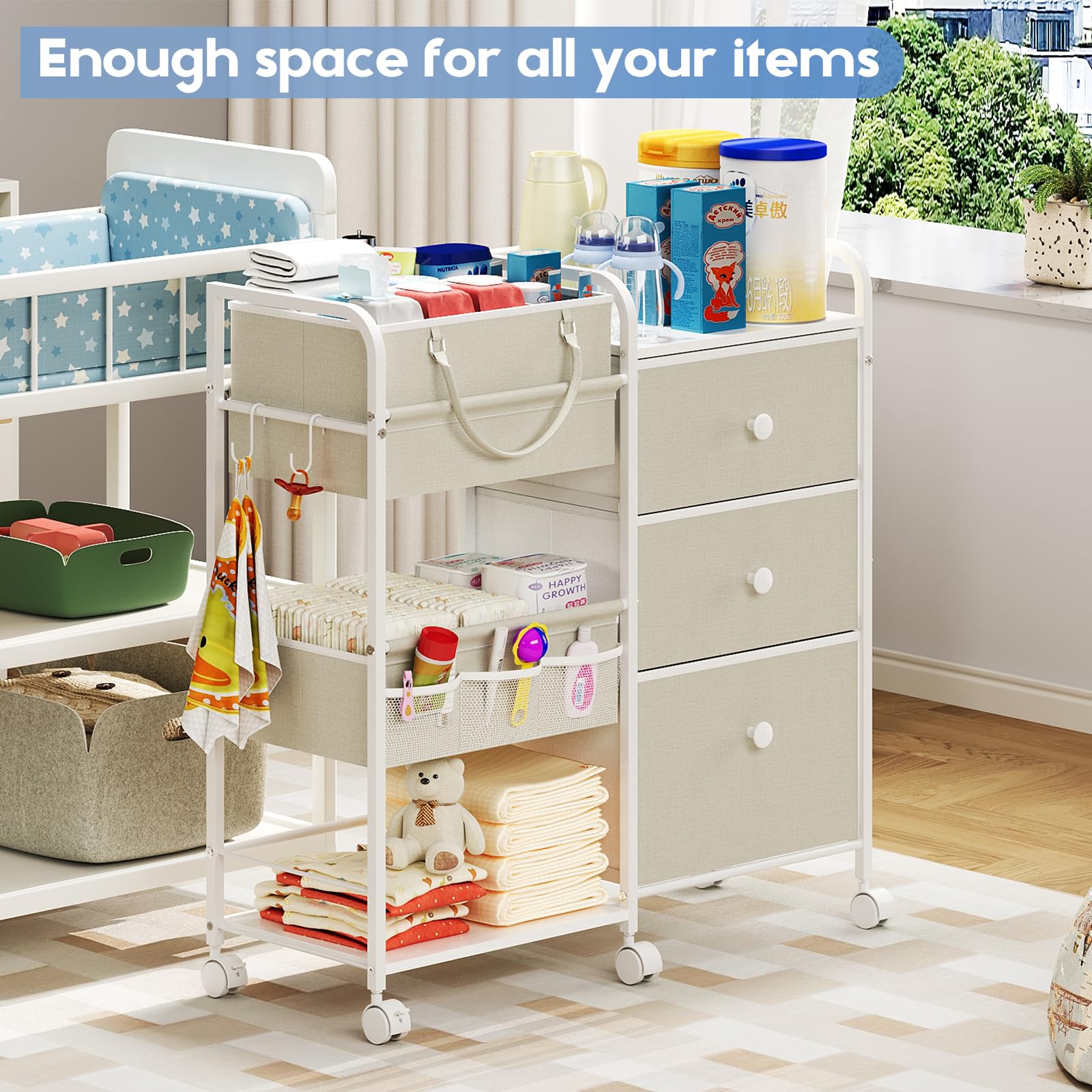 Cidaziya 3-tier cart fits changing table and baby bedroom organization