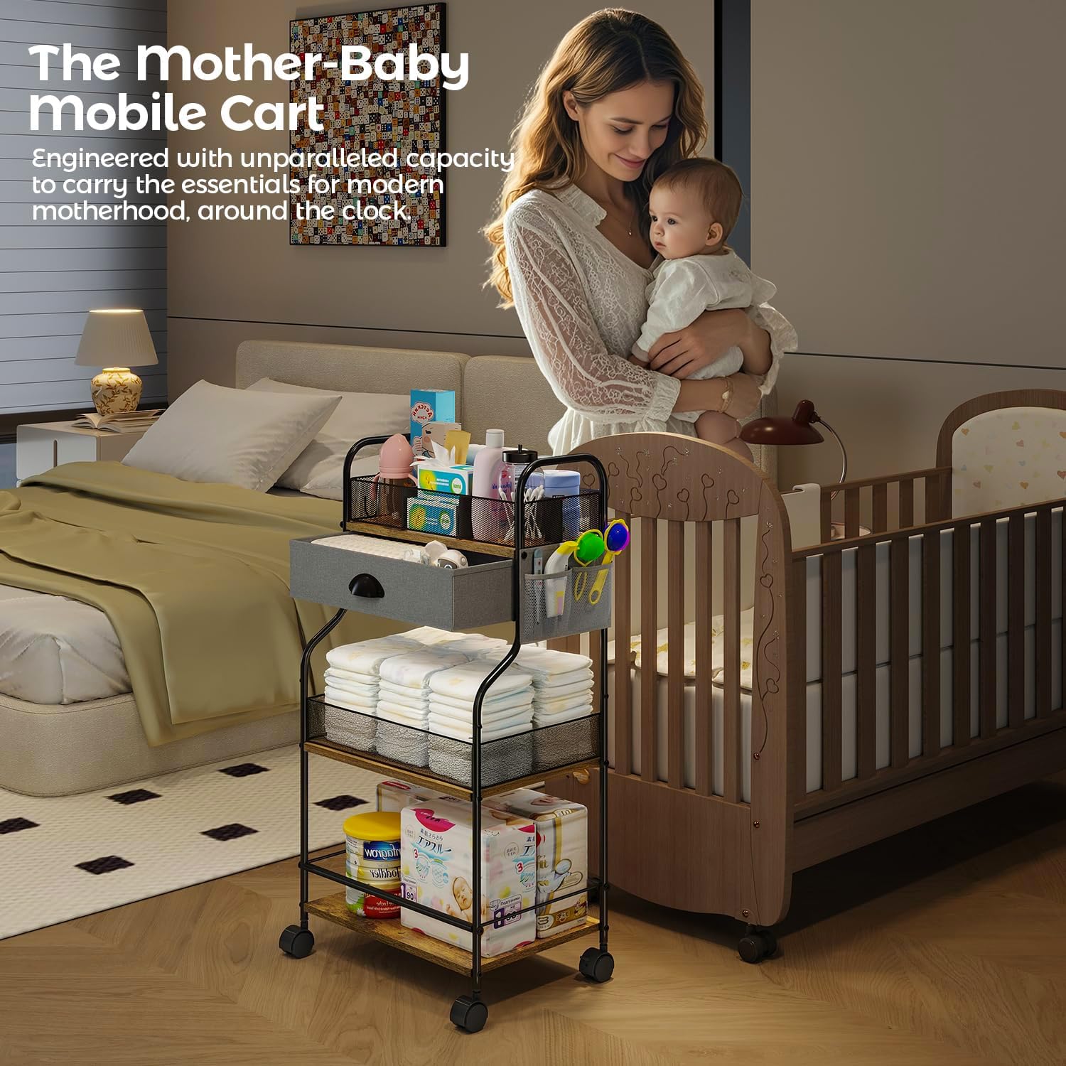 Cidaziya nursery storage cart beside a changing station for quick diaper needs.