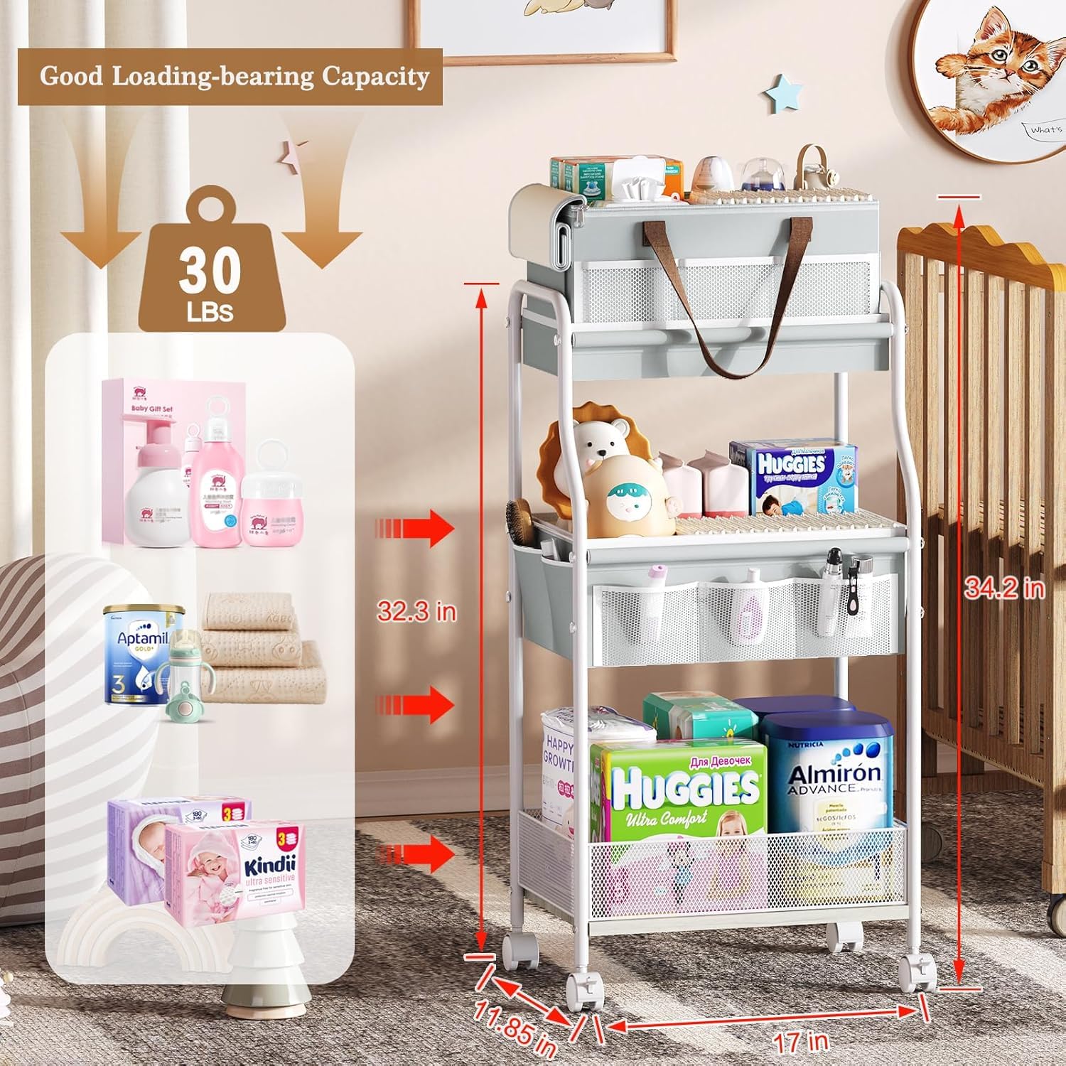 Cidaziya rolling diaper cart with sturdy metal frame and wooden board supports heavier items.