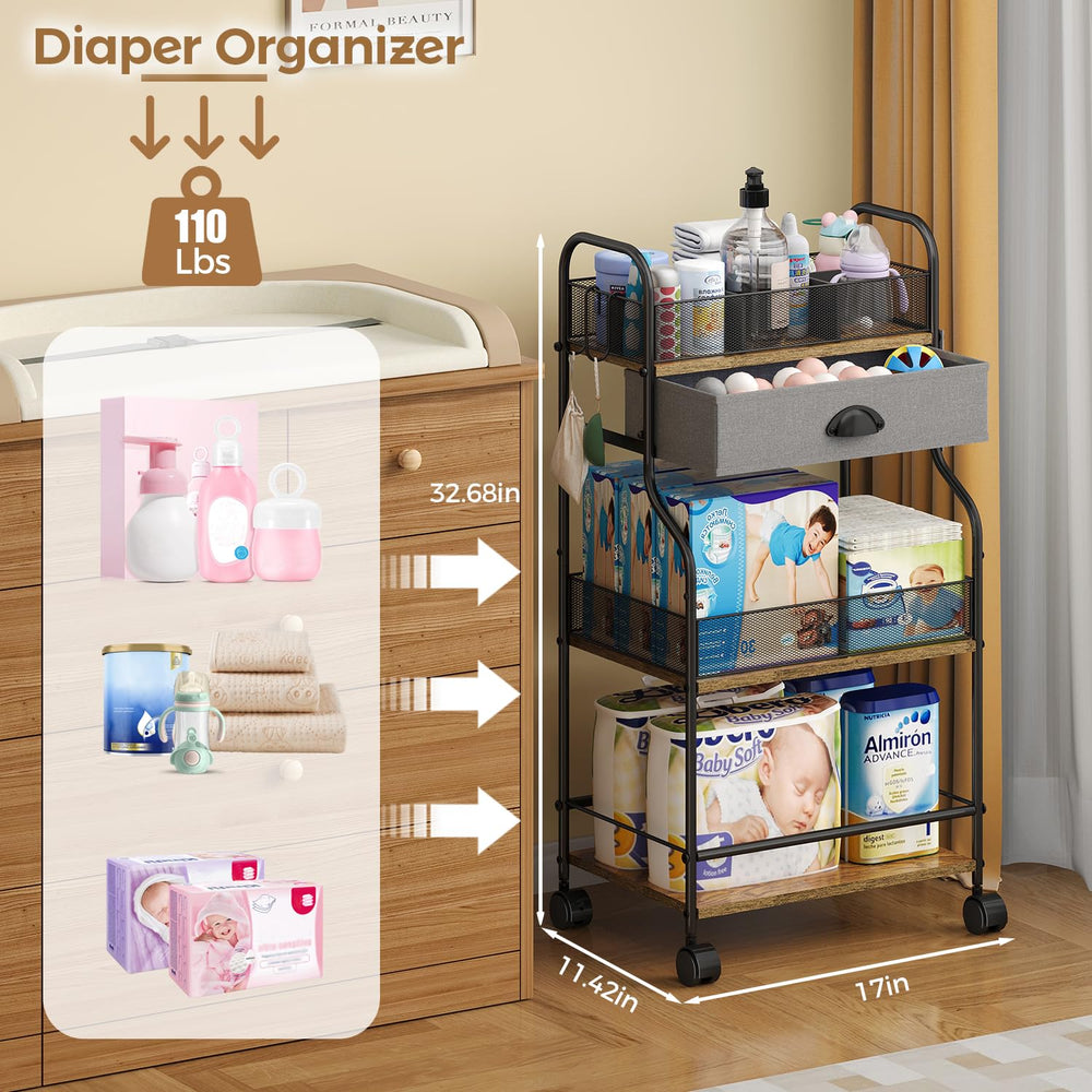 Cidaziya rolling nursery cart with drawer open demonstrates spacious storage for essentials.