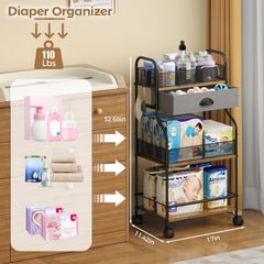 Cidaziya rolling nursery cart with drawer open demonstrates spacious storage for essentials.