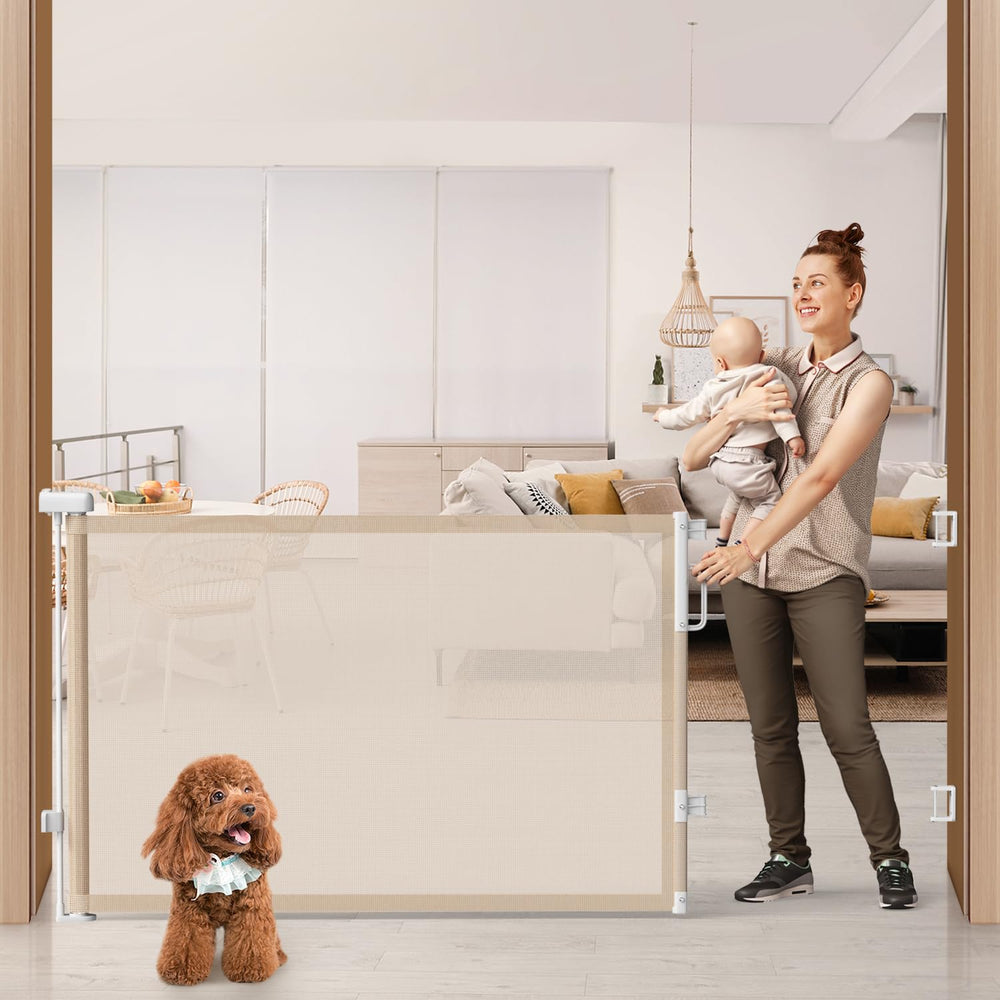 Cideny 76-inch retractable gate extended in a doorway, ideal for wide openings and safe passage.