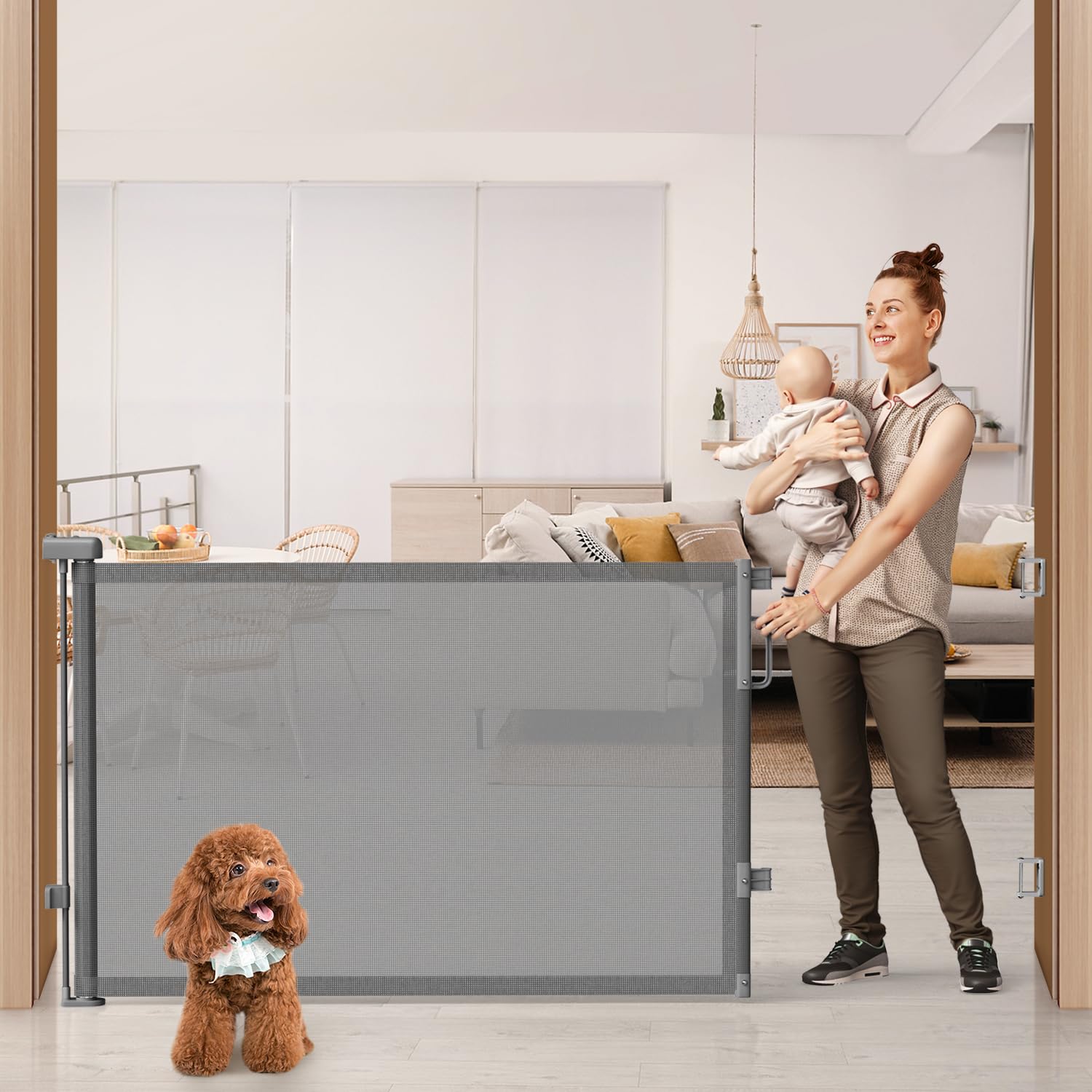 Cideny 76wide retractable gate extended across a doorway for wide openings and safety.