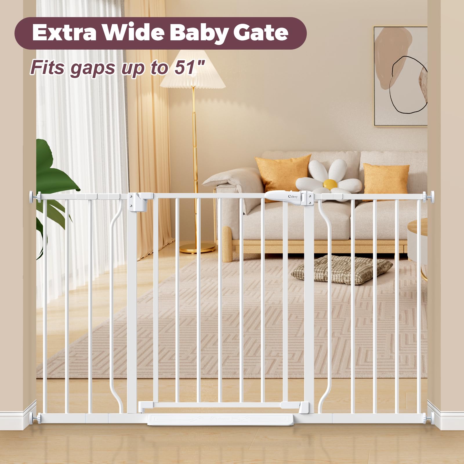 Cideny auto-close gate demonstrates self-closing safety near stairs.