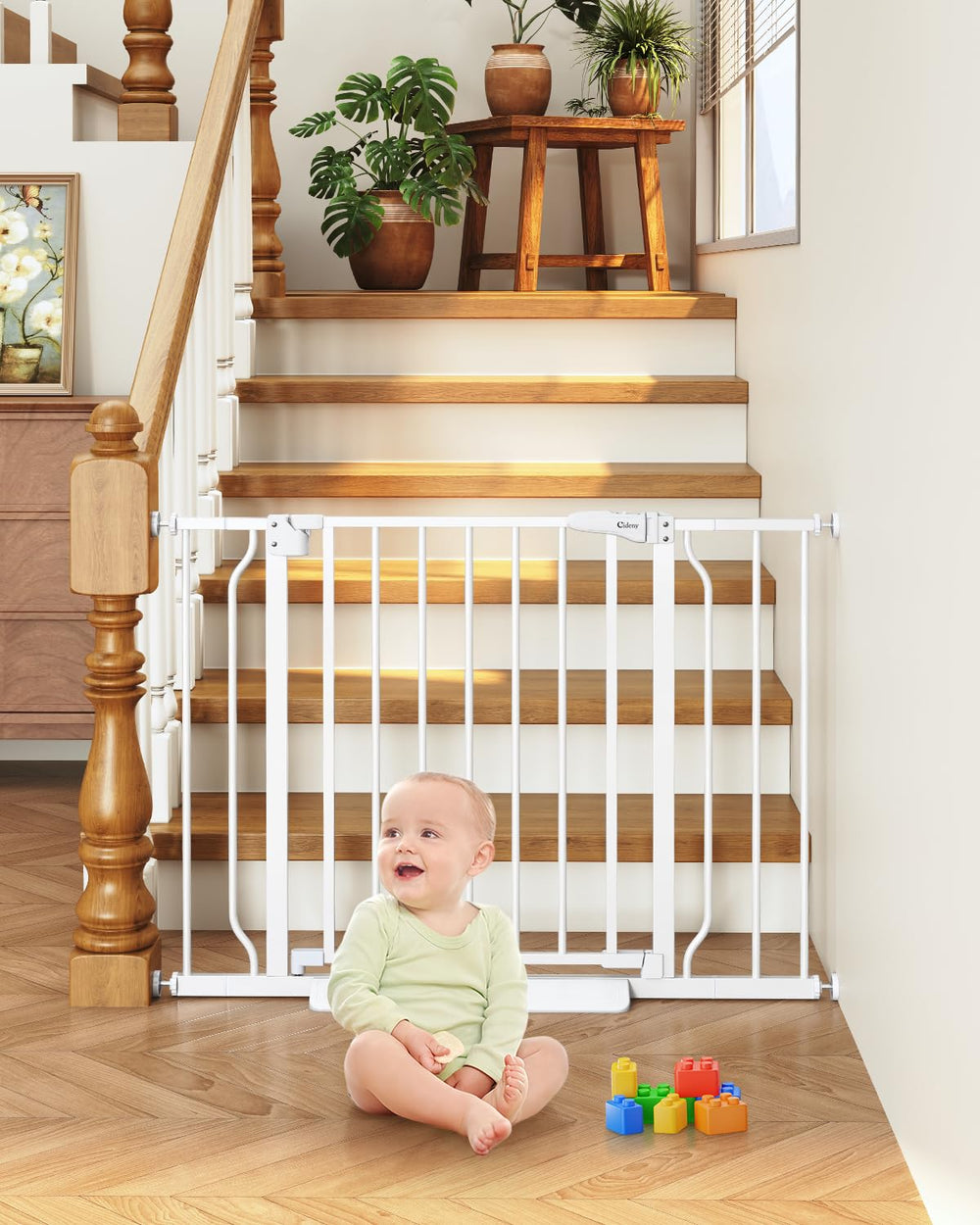 Cideny baby gate auto-close system in action for one-handed doorway passes.