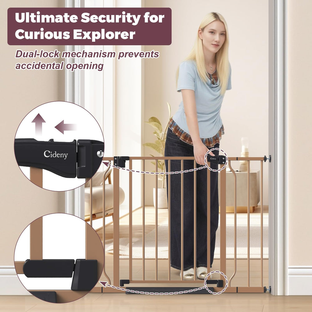 Cideny dual-lock gate provides secure one-handed operation for busy families.