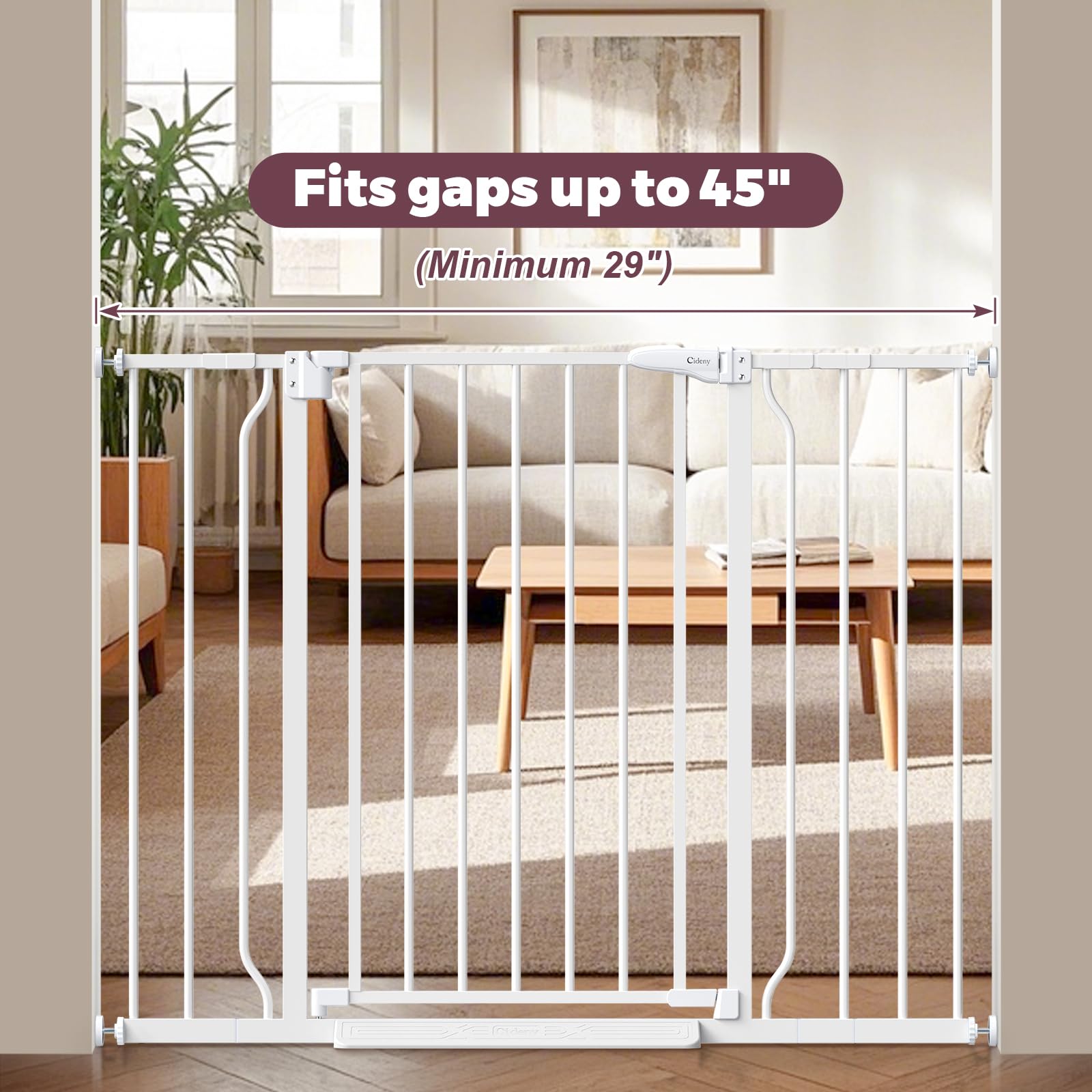Cideny baby gate mounted on stairs shows tool-free installation for renters.
