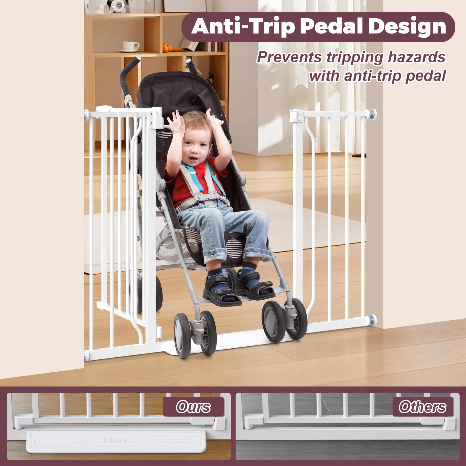 Cideny baby gate in doorway offers stroller-friendly passage for busy households.