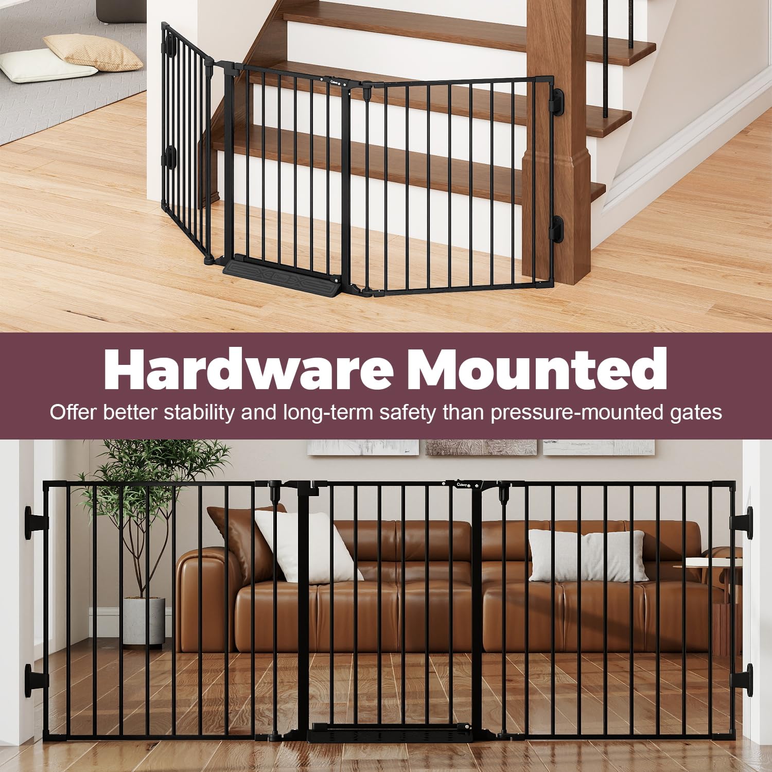 Cideny baby gate walk-through door enabling easy one-step passage for caregivers.