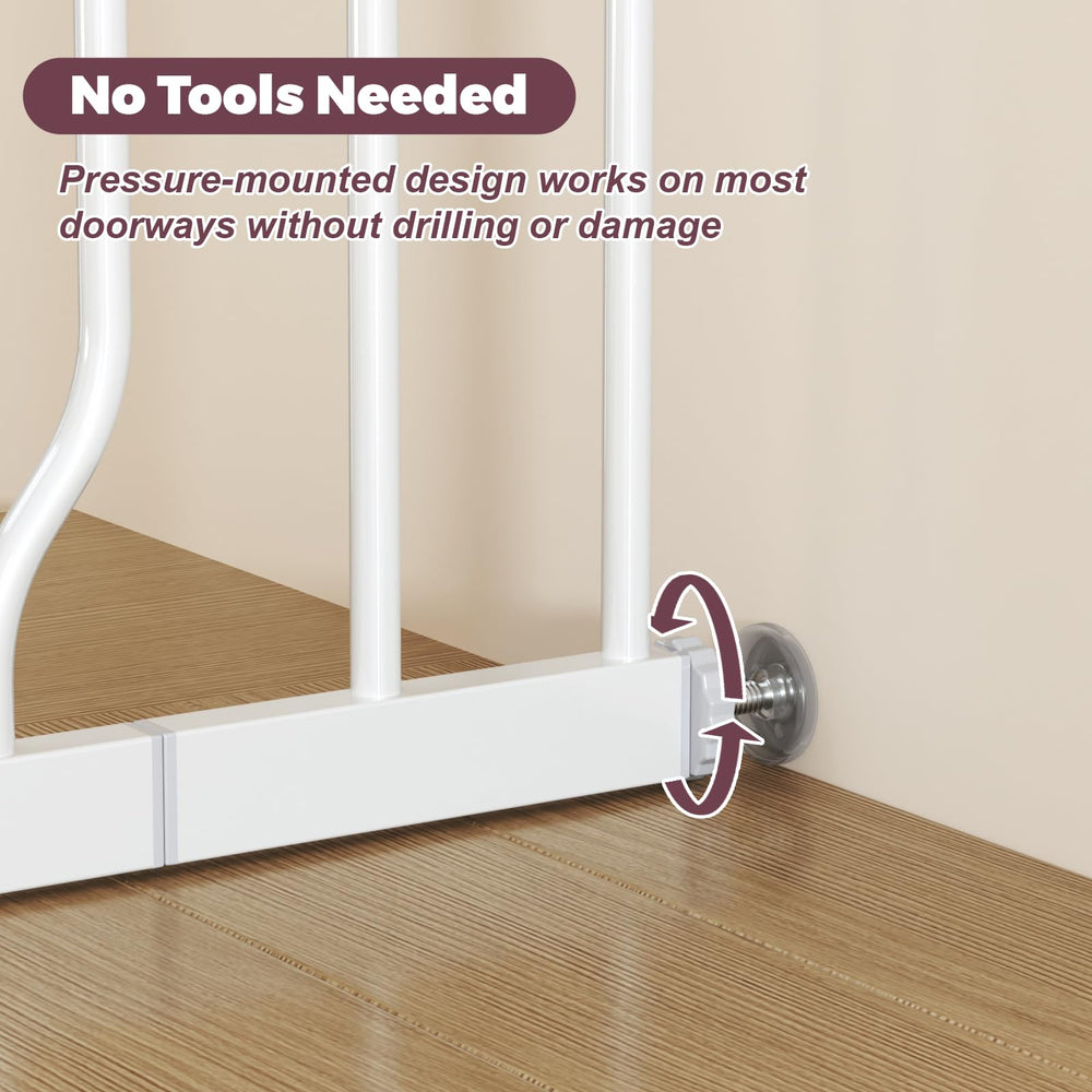 Cideny gate's white finish blends with home decor for a clean look.