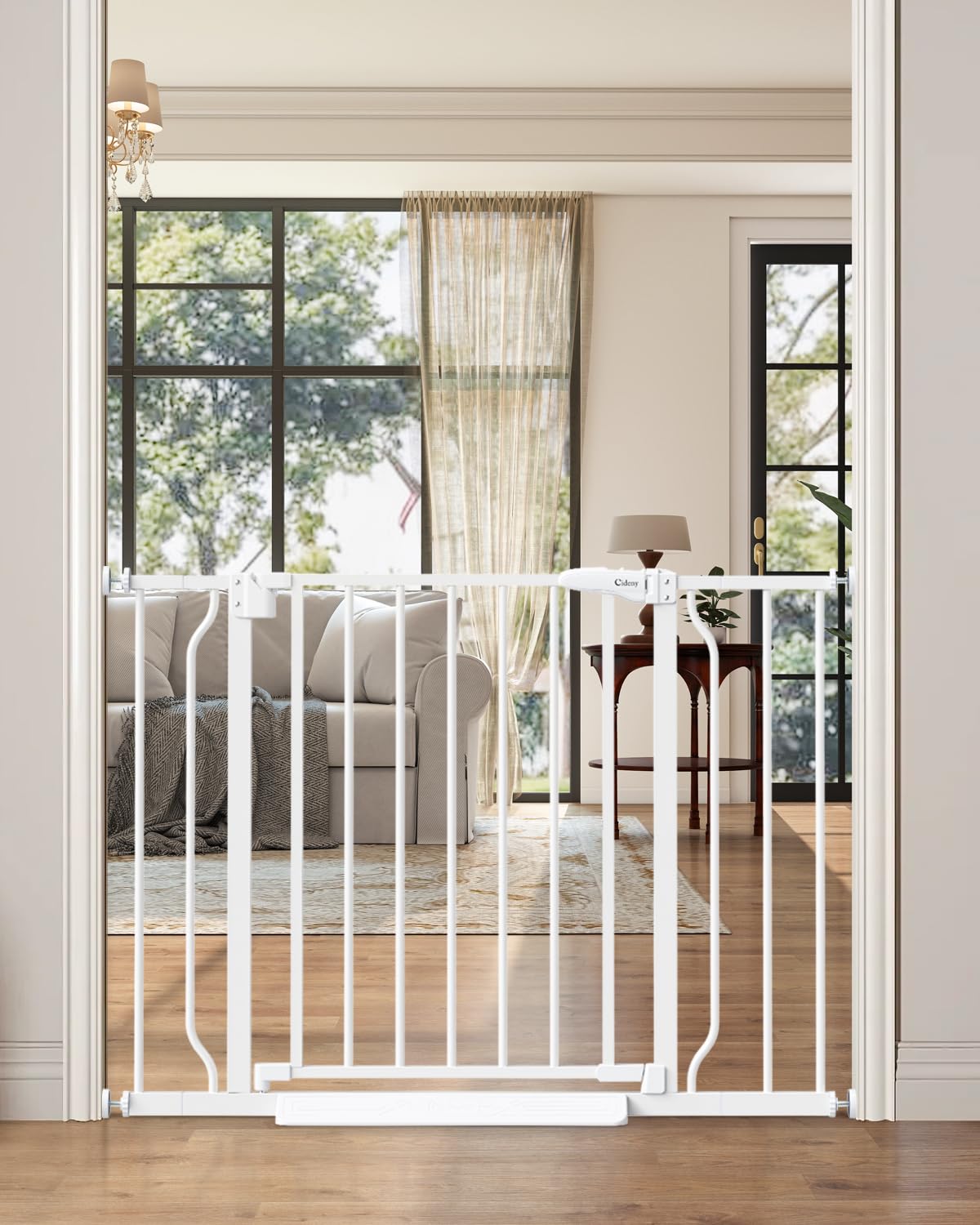 Cideny white gate frame blends with interiors while containing children and pets.