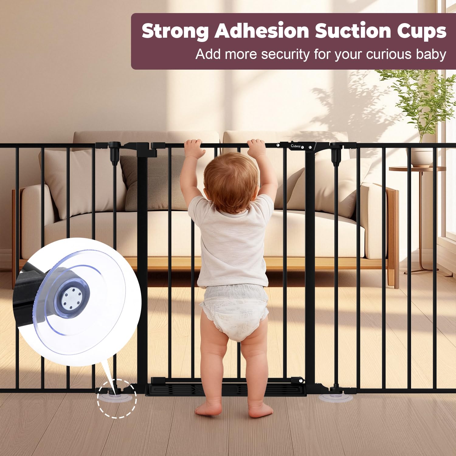 Cideny bottom suction cups reinforcing gate stability against pet and child bumps.