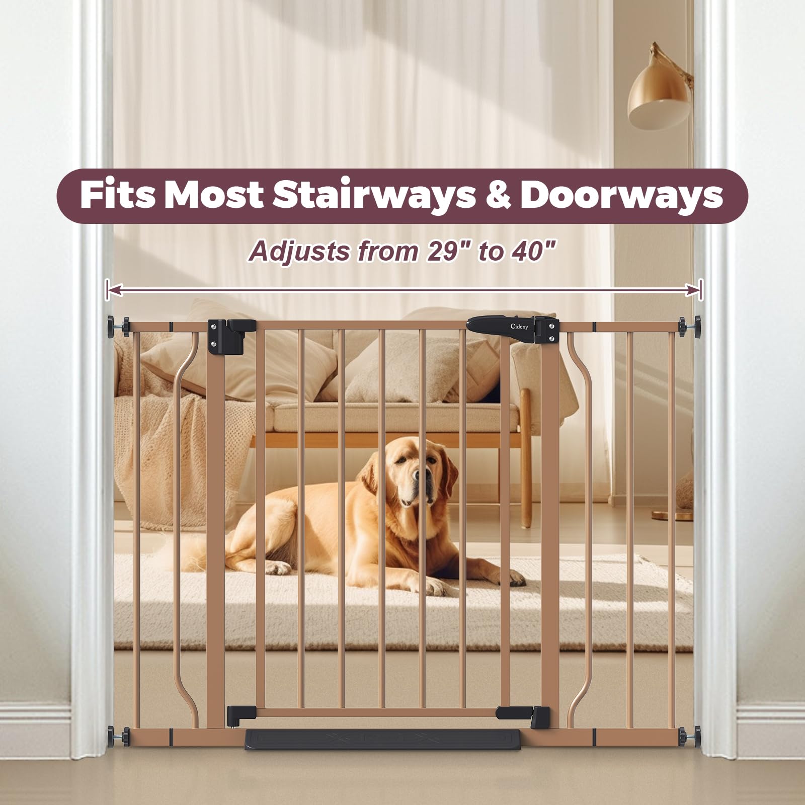 Cideny brown indoor gate secures doorways while blending with home decor.
