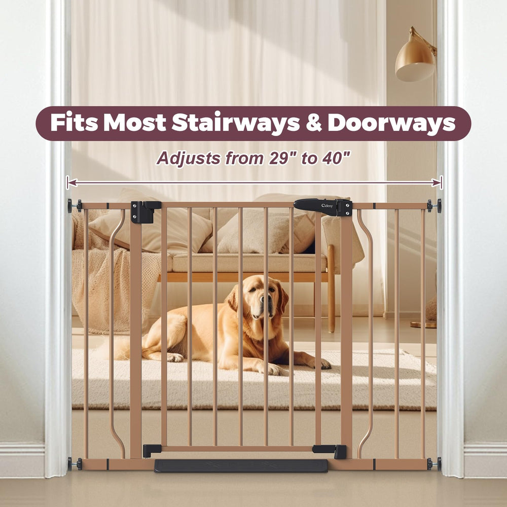 Cideny brown indoor gate secures doorways while blending with home decor.