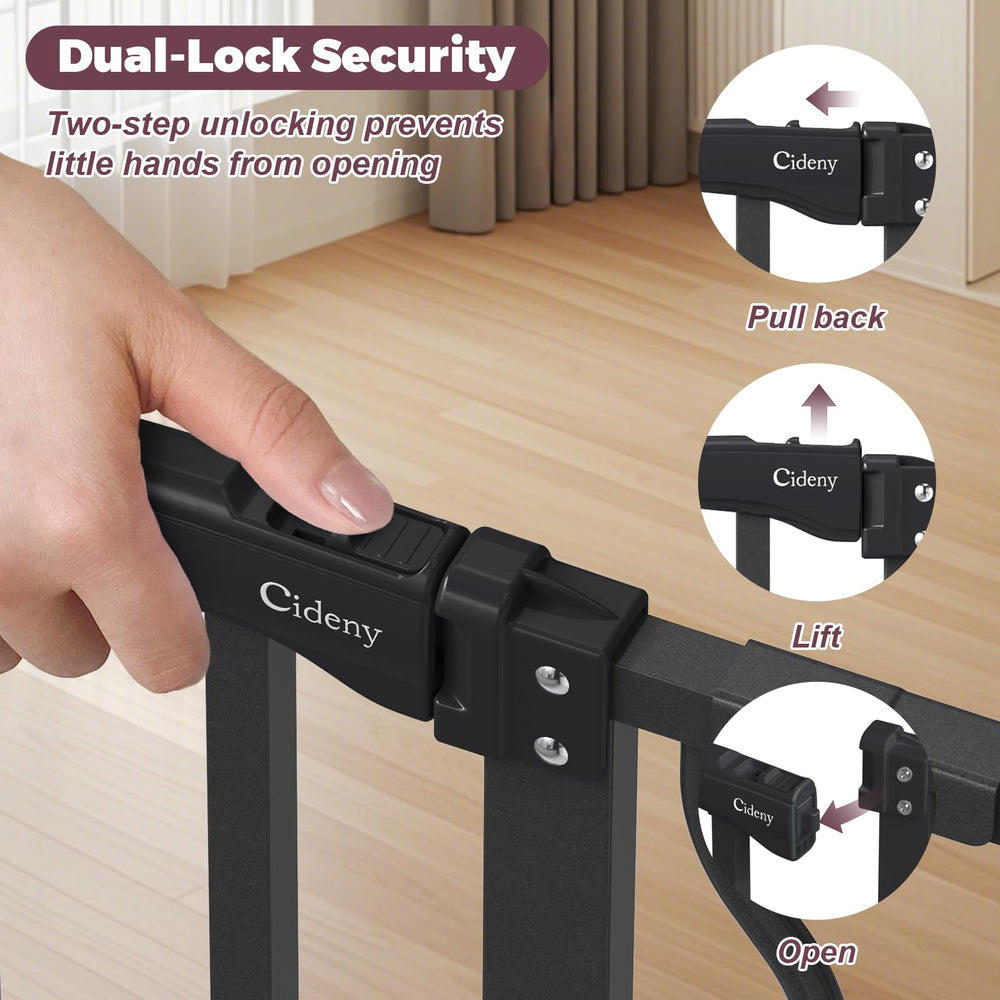 Cideny dual-lock baby gate keeps children and pets secure while you pass.