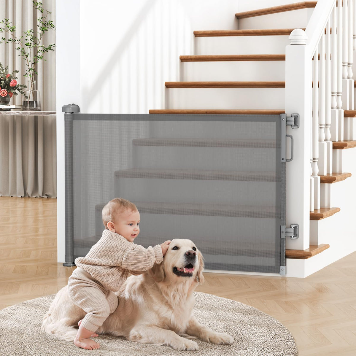 Cideny retractable gate extended to 55 inches wide for flexible doorway coverage.