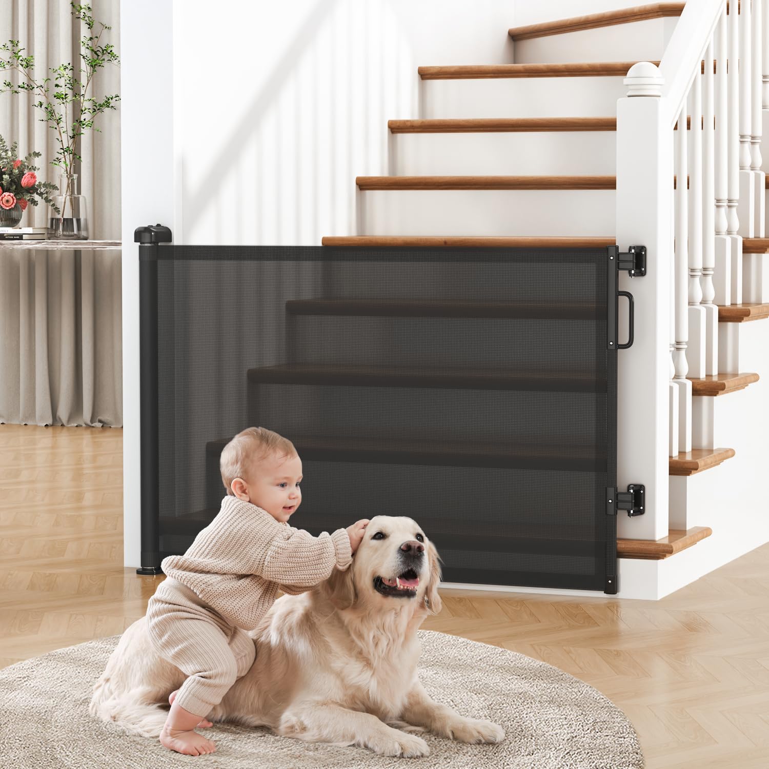 Cideny retractable gate extended for stairs, maximizing space and safety