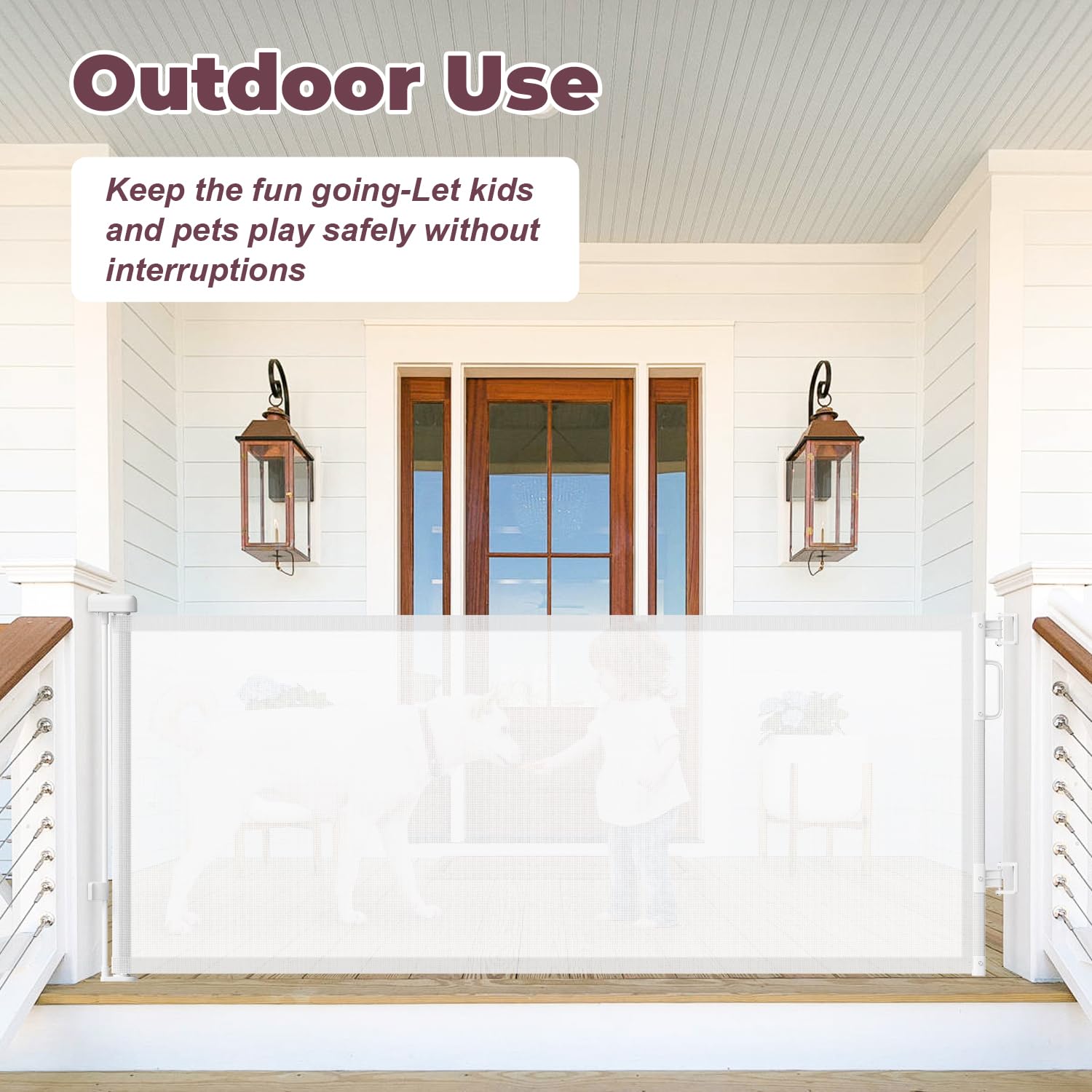 Cideny white gate installed at stairs for indoor-outdoor versatility.