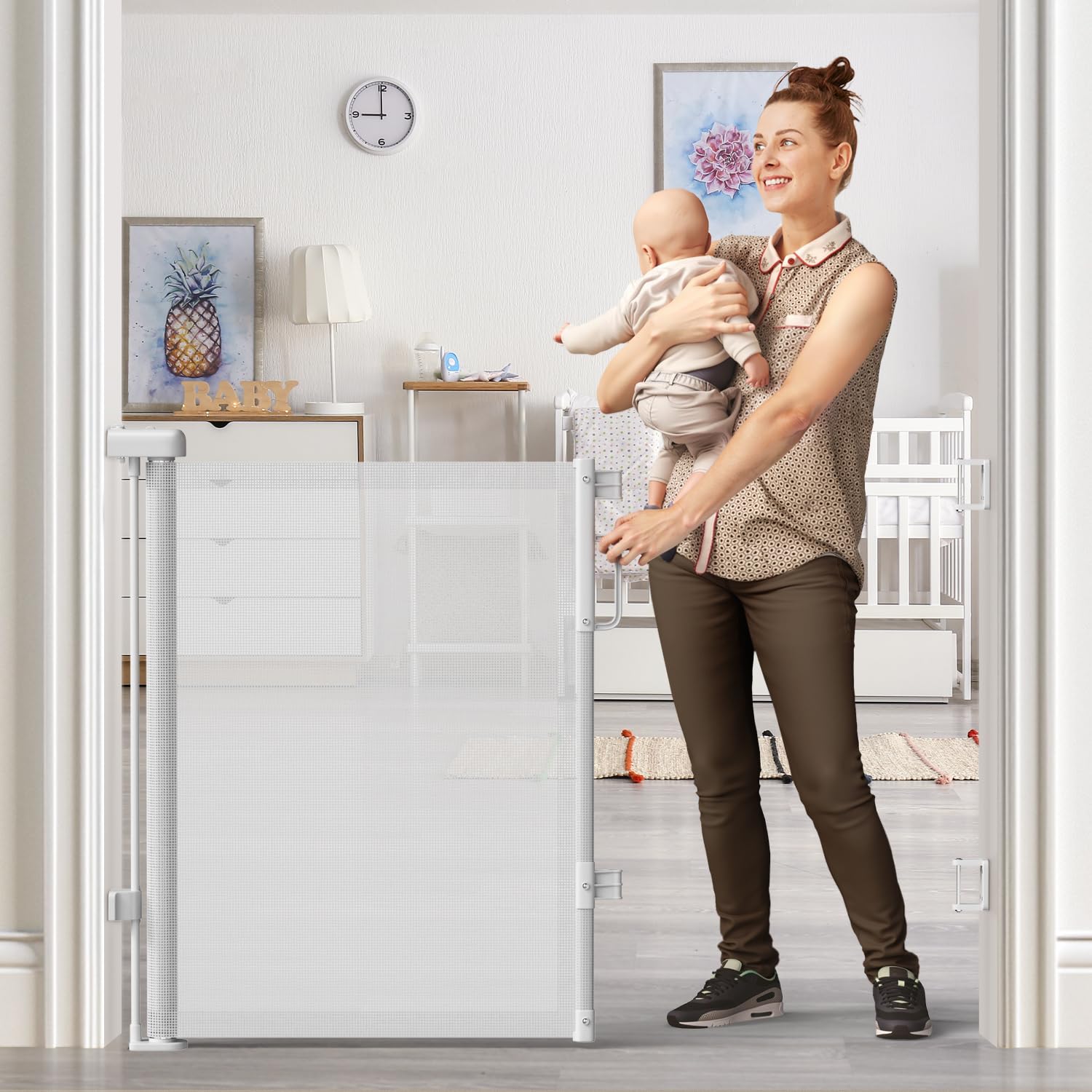Cideny white gate in a living room blends with modern decor and safety.
