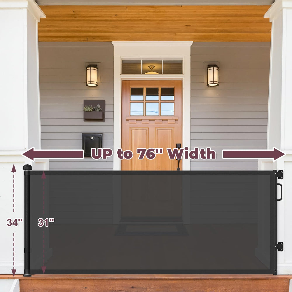 Cideny wide mesh gate rolled into housing saving space in a hallway