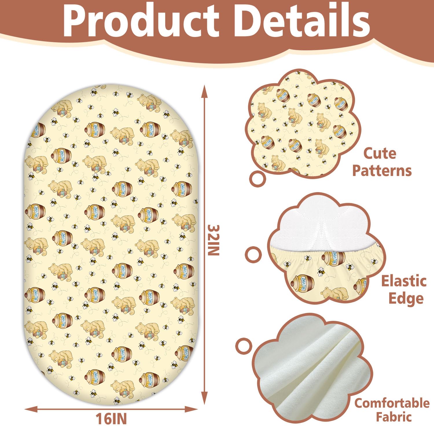 Cidobi Winnie bassinet sheet 32x16 fits snugly with elastic edge for safe sleep.