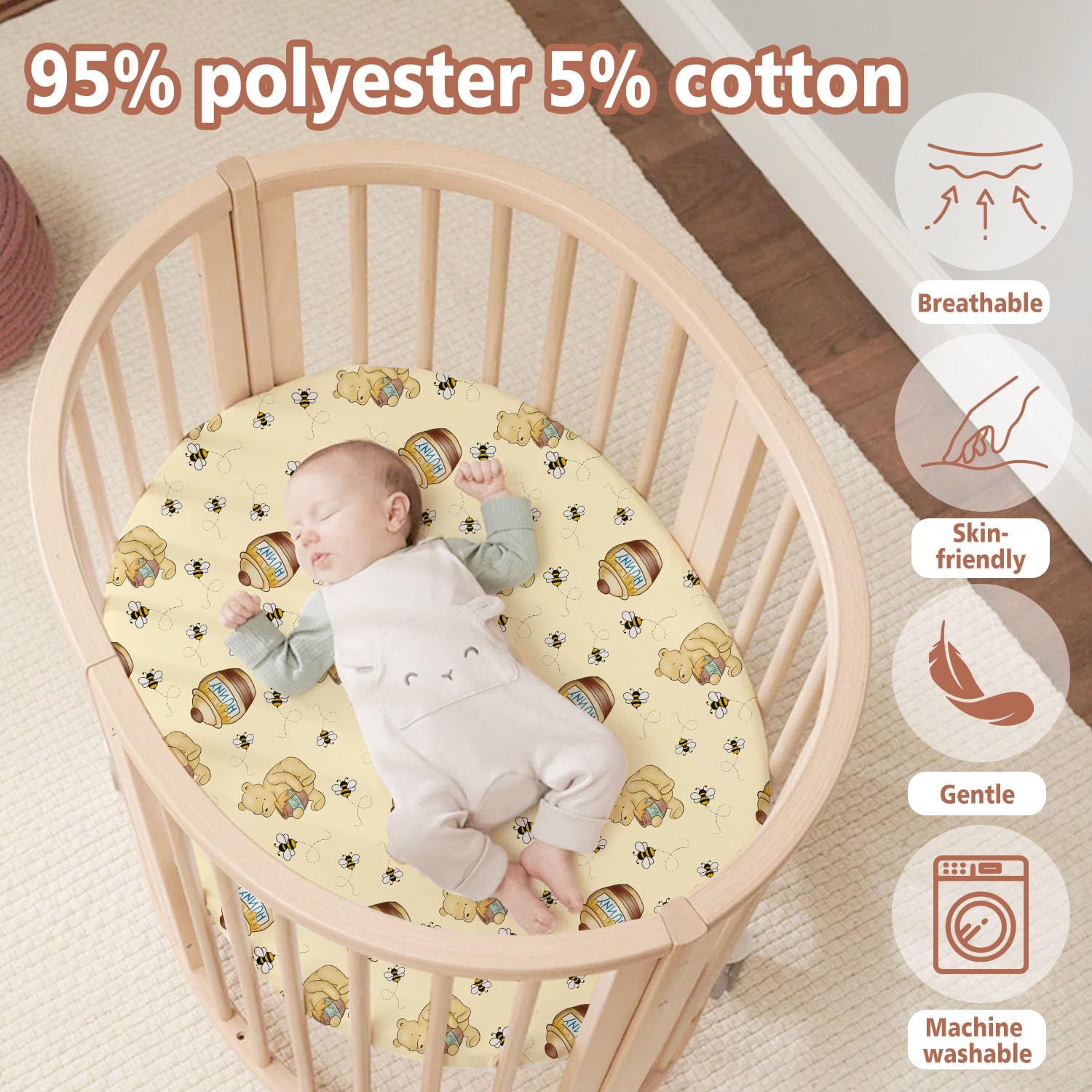 Cidobi Winnie bassinet sheet elastic-edge-secure-fit shows wrinkle-free naps.