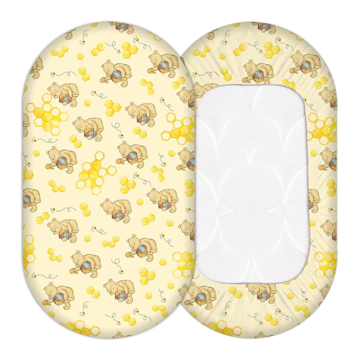 cidobi Winnie bassinet sheet honey theme closeup fabric showing soft breathable texture for baby comfort