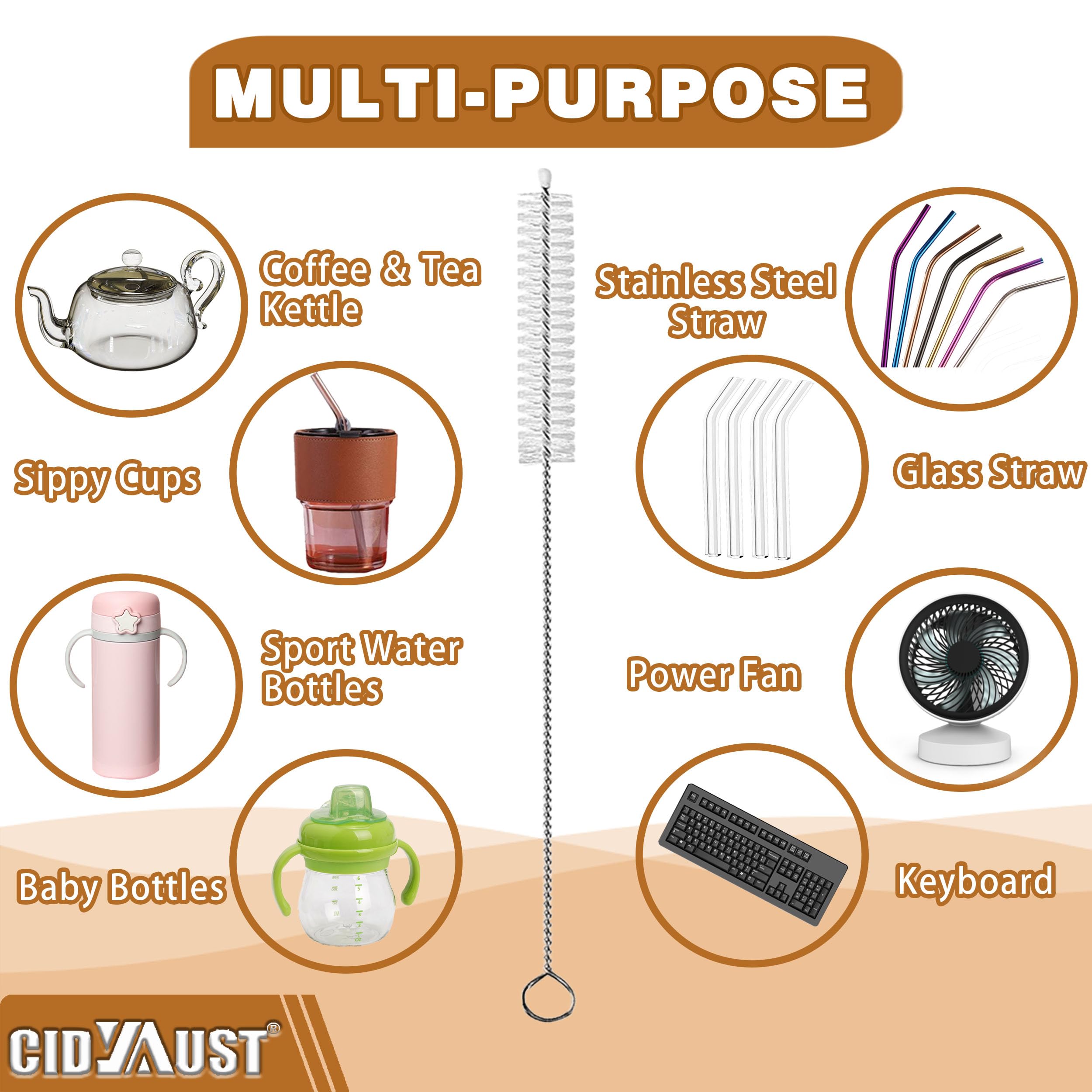 CIDYAUST stainless core with BPA-free bristles for safe bottle and straw cleaning