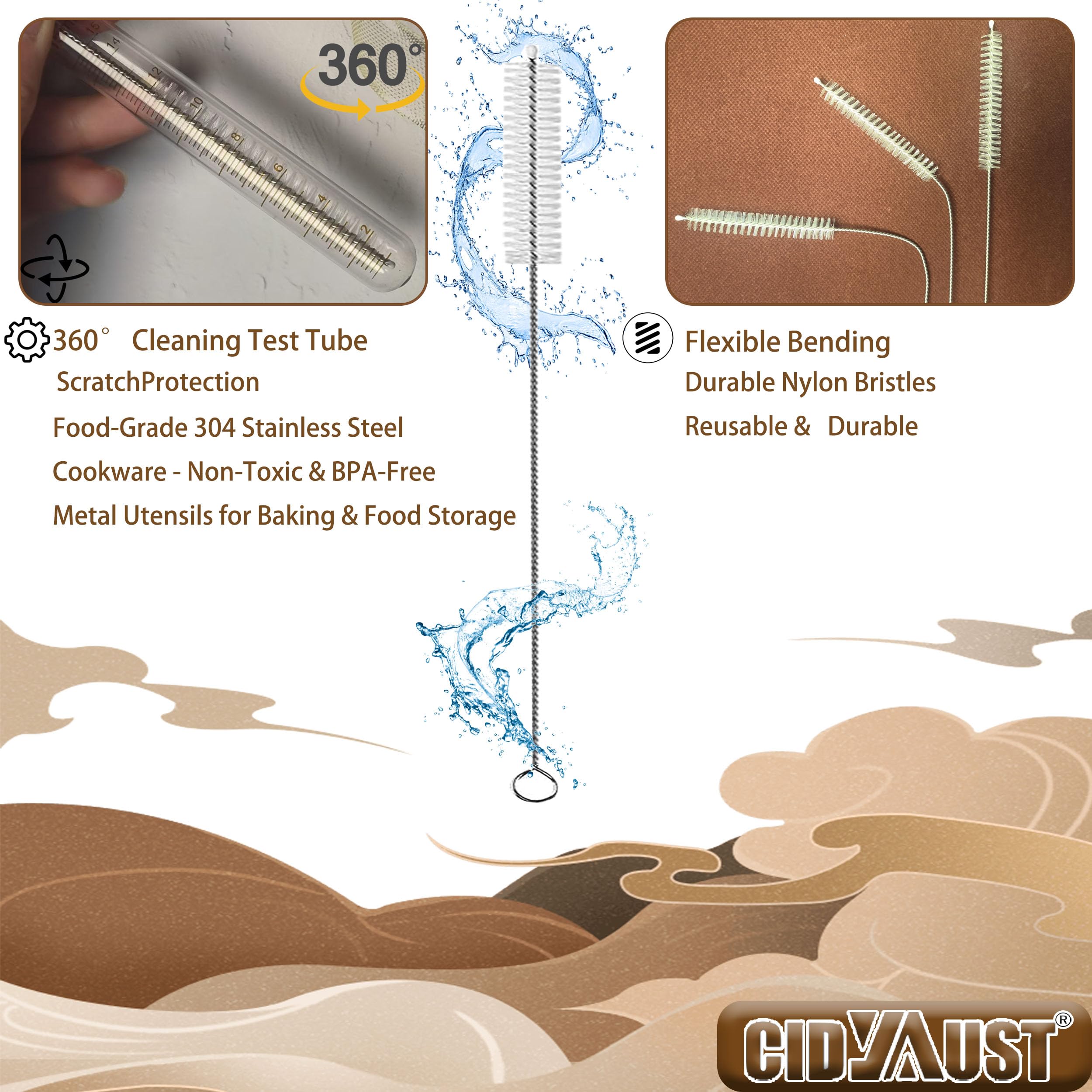 CIDYAUST straw cleaner brush with nylon bristles safely scrubs baby bottles and water bottles.