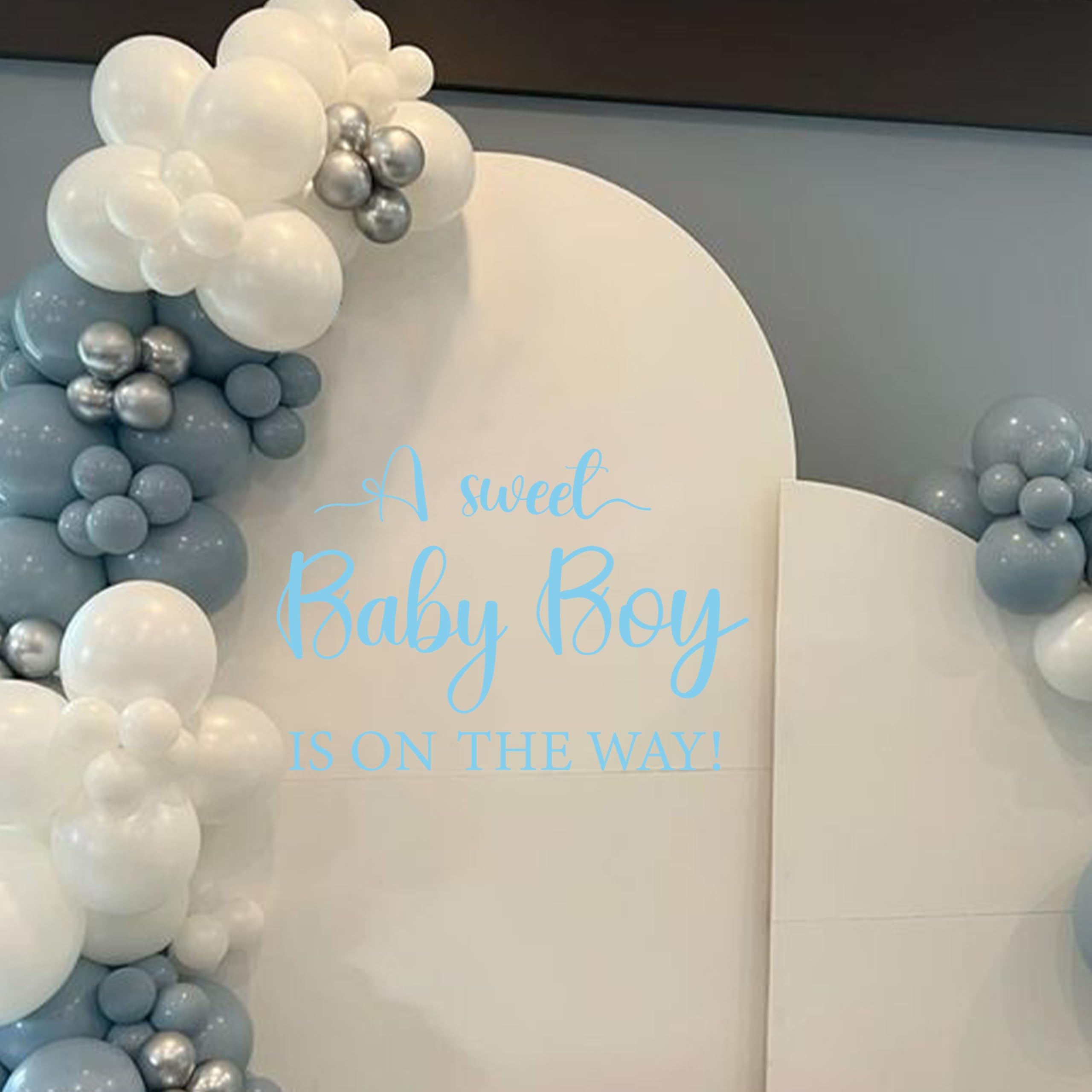 CIEQR Sweet Baby Boy Sign Decal on backdrop wall complements party themes