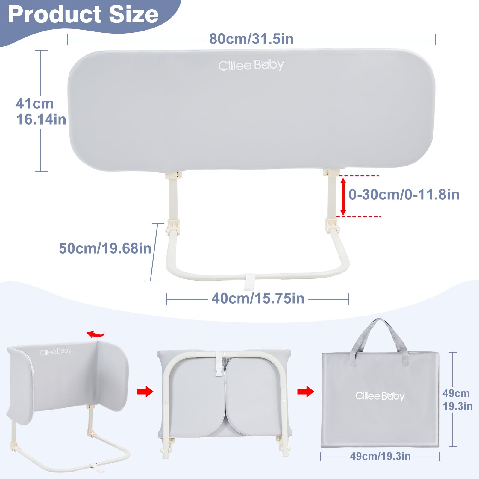 Ciilee Baby Bed Rail with 35 height levels for thick mattresses