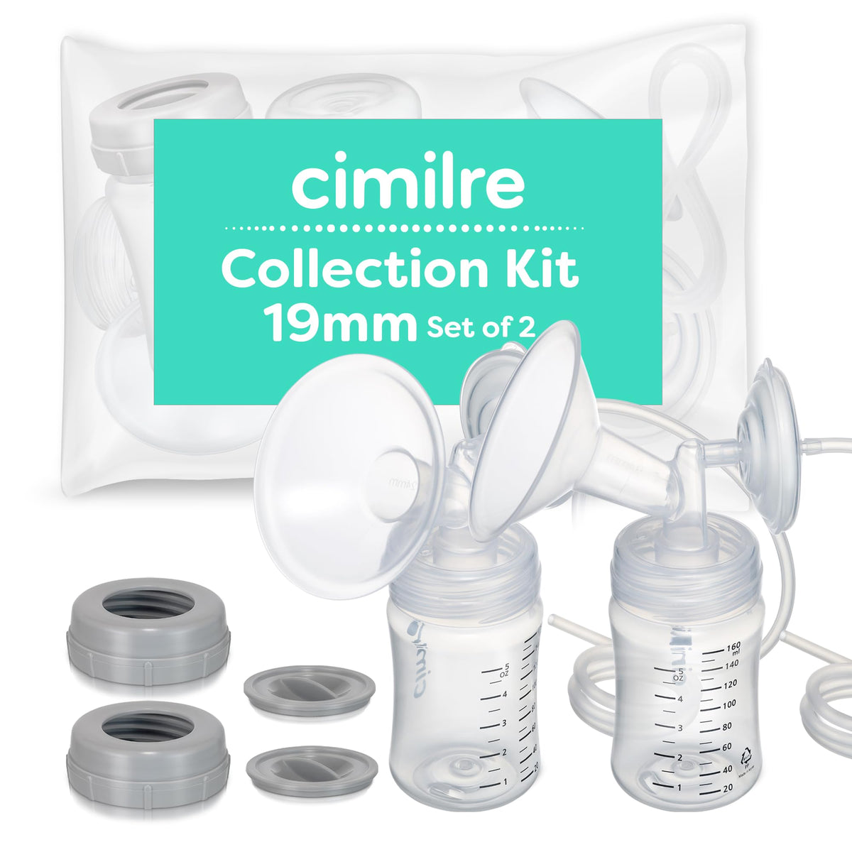 Cimilre 19mm breast milk collection kit assembled for quick pumping setup.