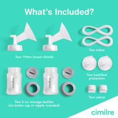 Cimilre shields, valves and bottles shown for hygienic milk collection.