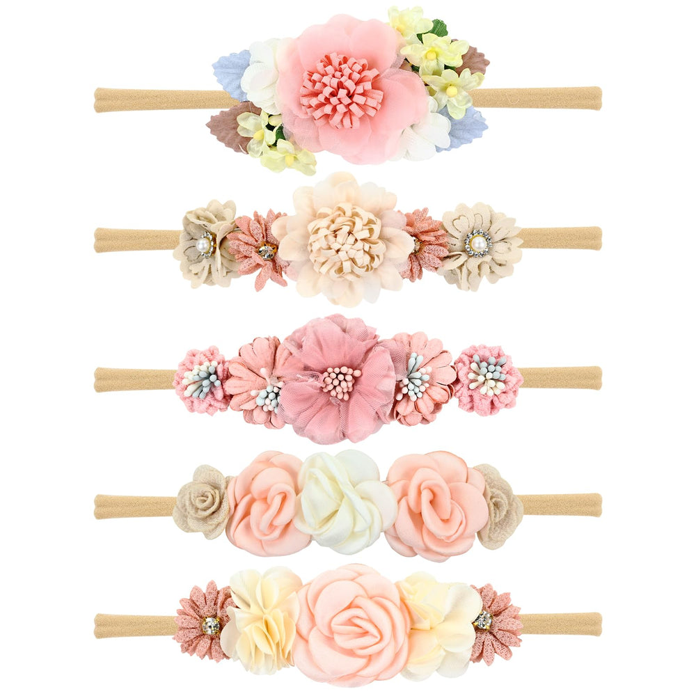 Cinaci 5-piece flower headbands set showing soft nylon stretch for daily wear